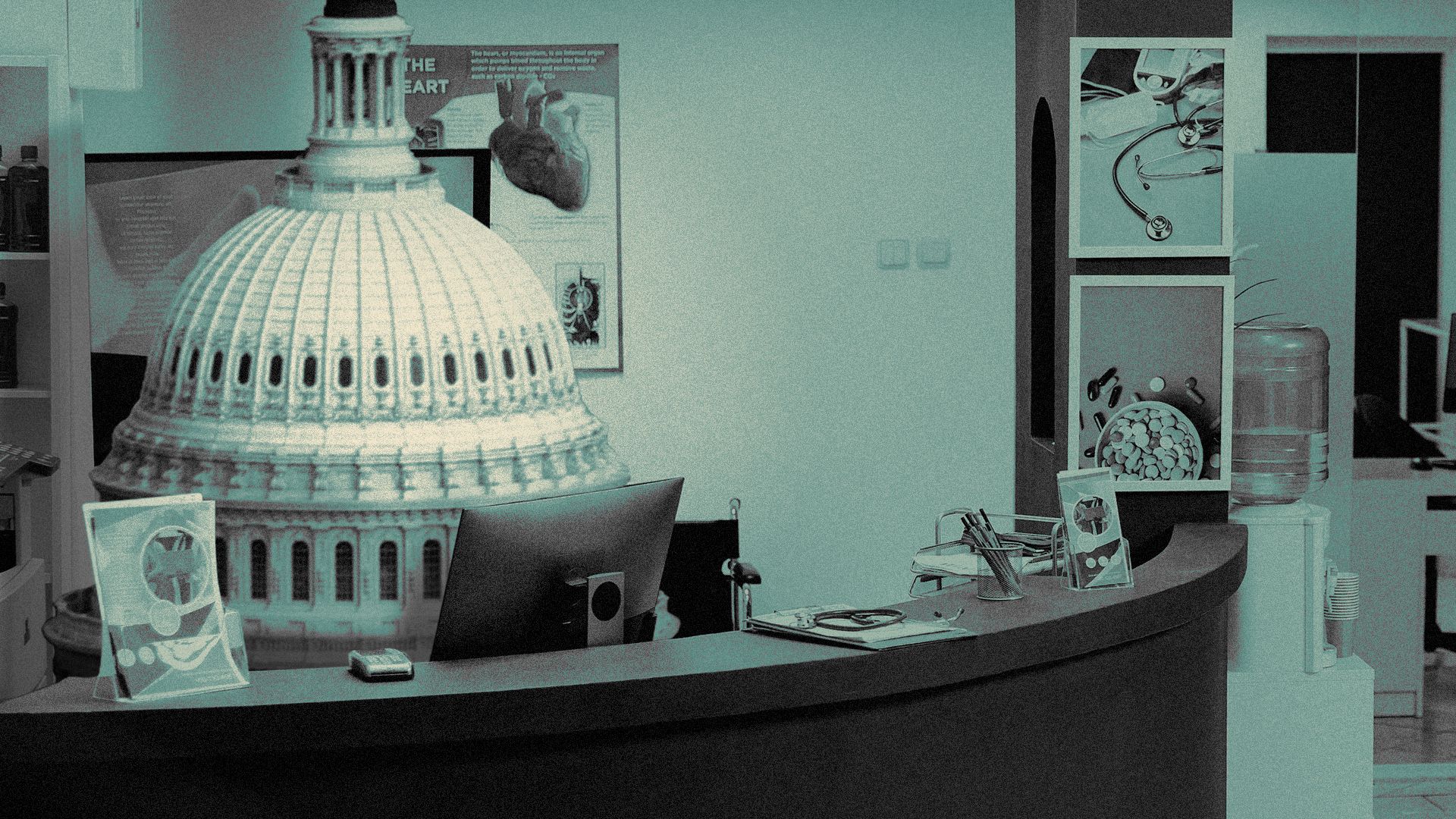 Illustration of the U.S. Capitol Dome behind a reception desk at a doctor's office.