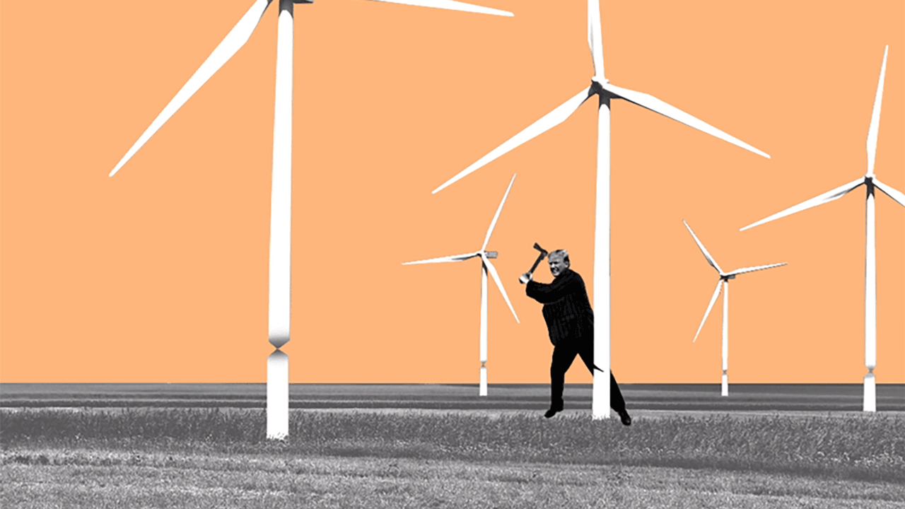 Illustration of President Trump chopping down a wind turbine.