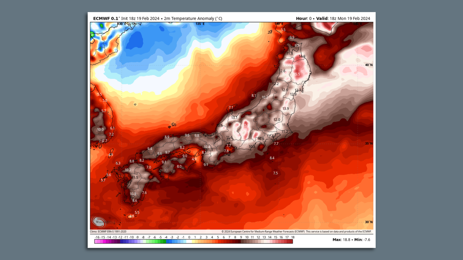 Map of temperature departures from average, showing unusual warmth, across Japan on Feb. 19. 