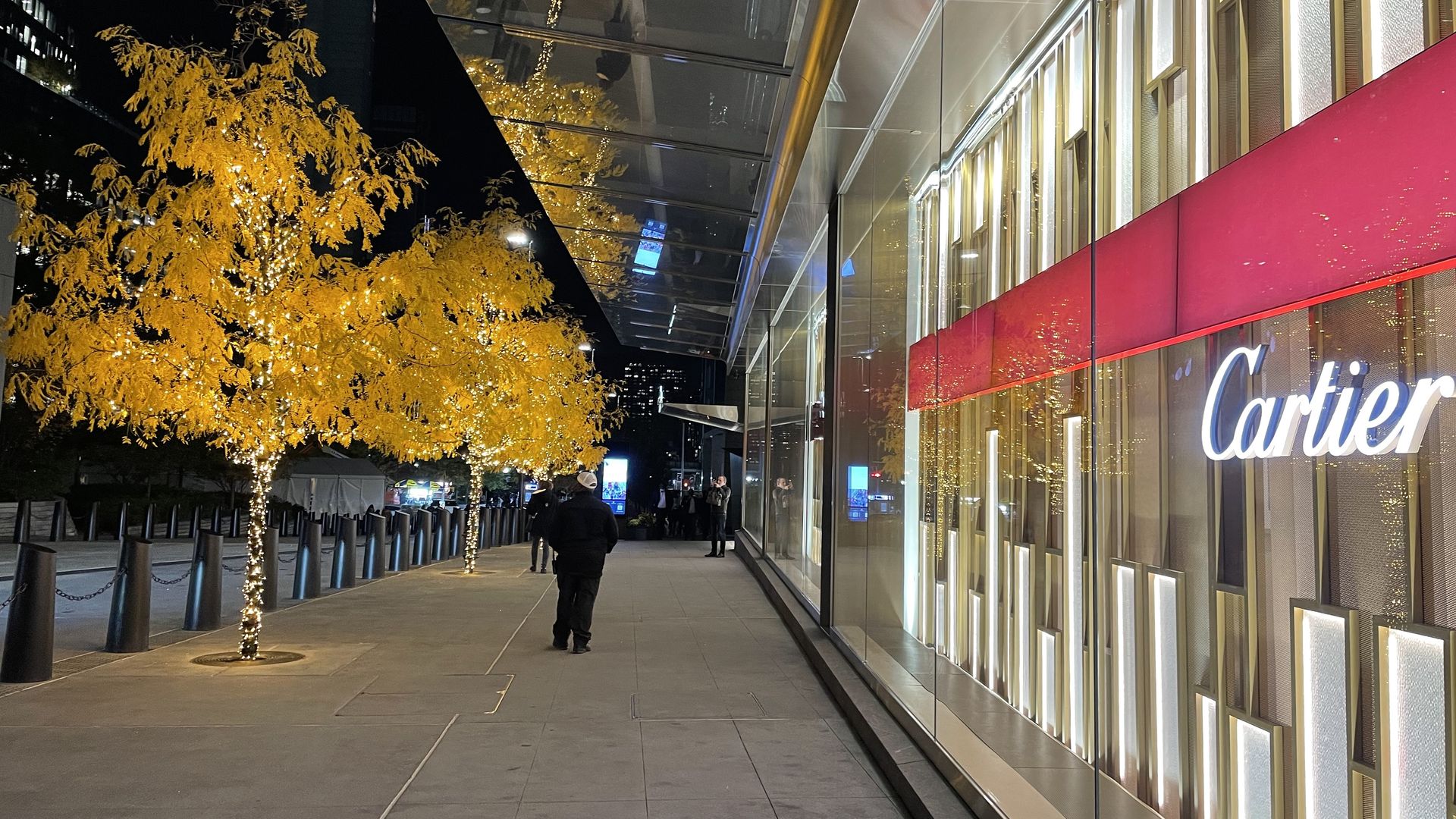 Trees that are elegantly lit for the holiday next to a Cartier store in New York City
