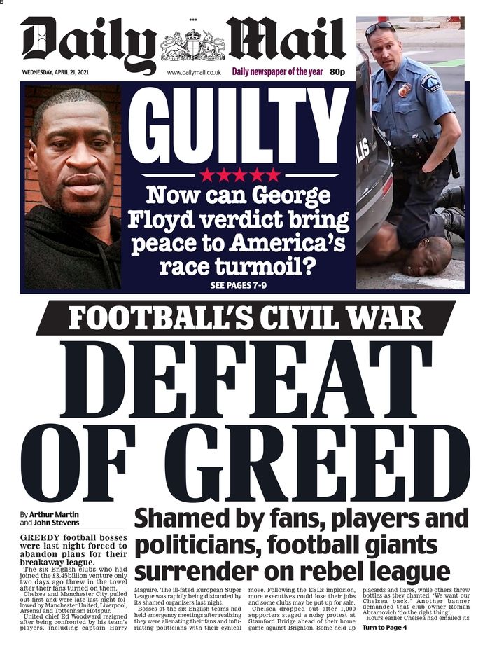 Picture of the Daily Mail front page with a headline on Chauvin's conviction