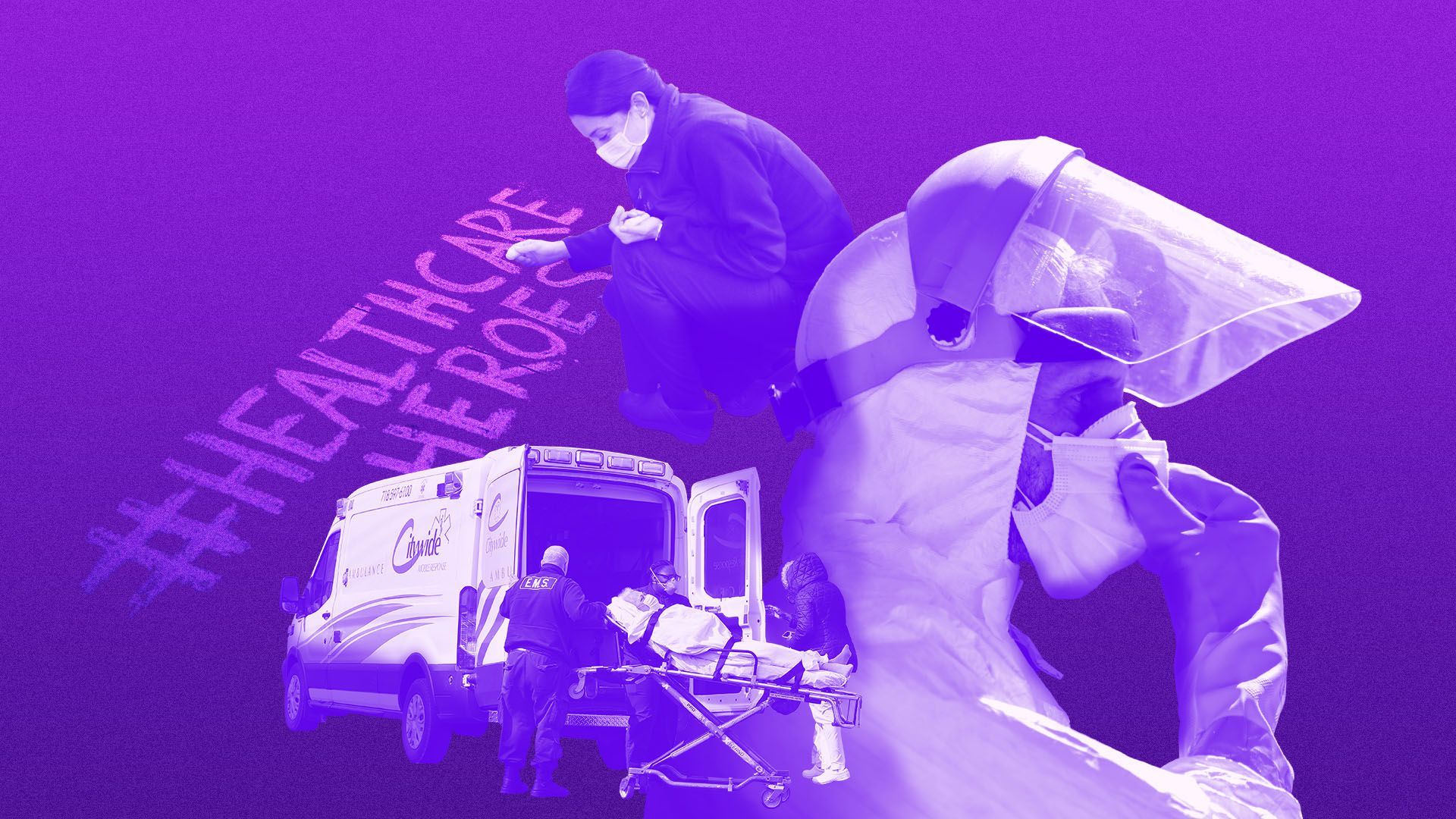 Illustrated collage featuring a Spanish fireman, paramedics transporting a patient to an emergency room entrance in Brooklyn, and an employee of  Hospital writing out #heathcare heroes