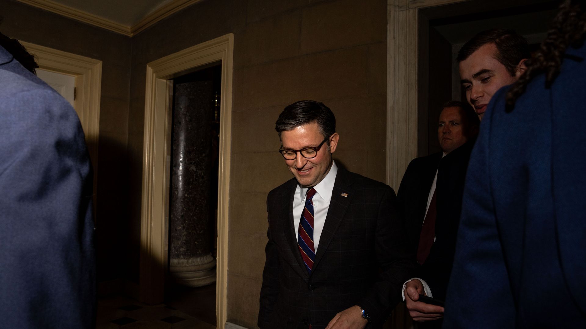 House Speaker Mike Johnson returns to his office after the last votes of the day on April 18, 2024.
