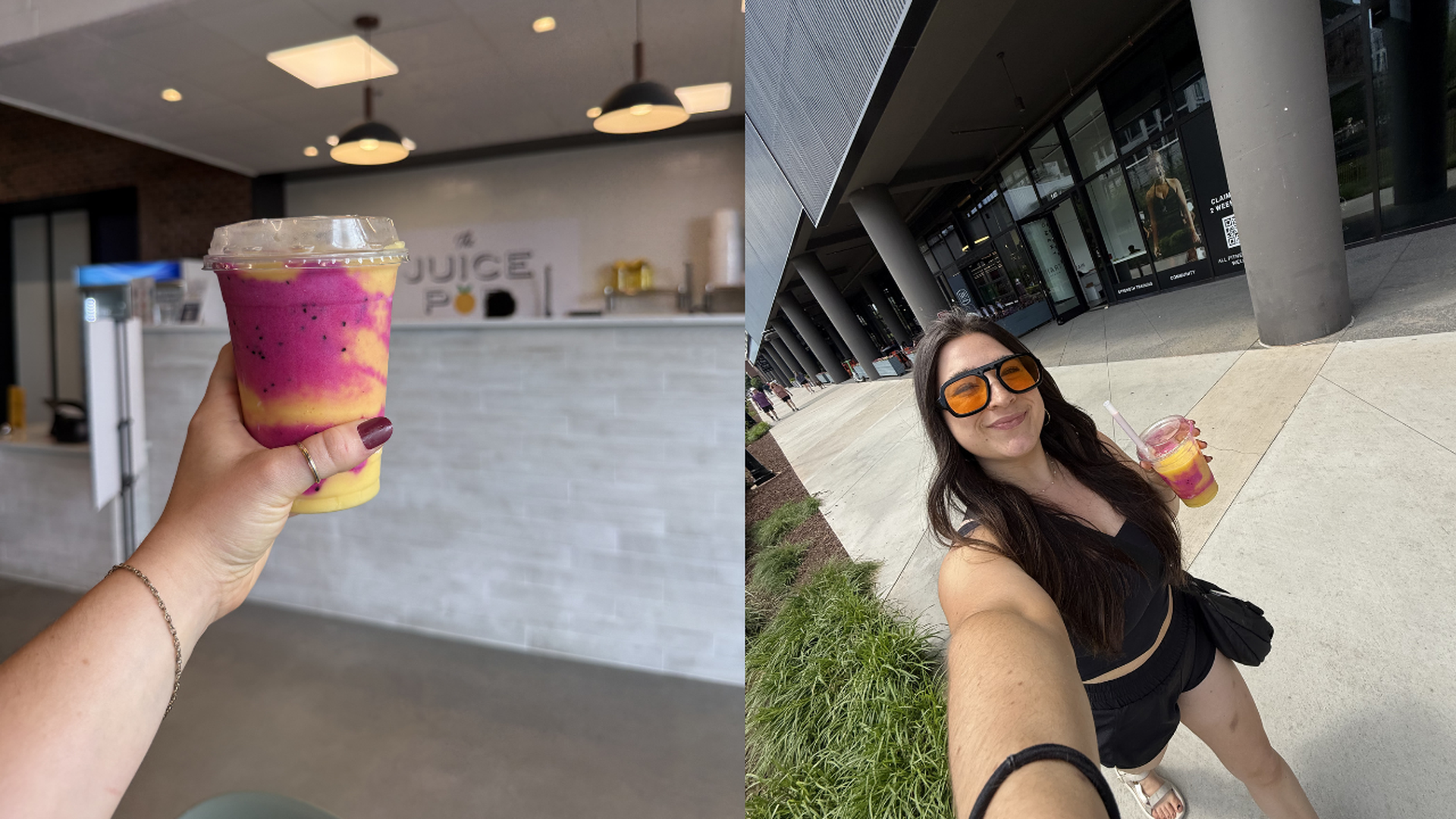 Two-panel image: left—hand with maroon nails holding a layered pink, purple, and yellow drink in a juice shop. Right—a woman in black with orange sunglasses selfies outdoors, holding the drink.
