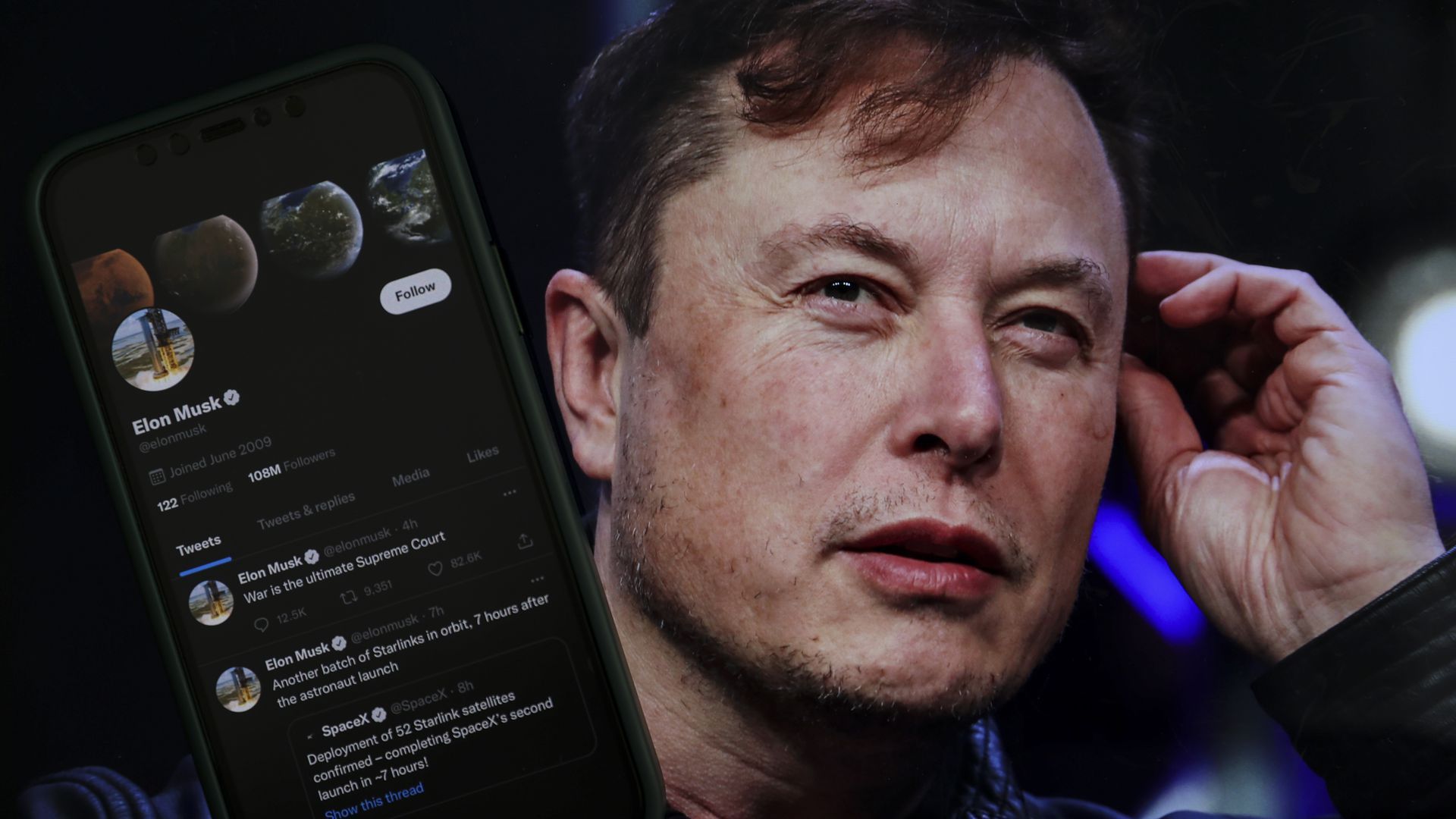 A photo illustration of Elon Musk and his Twitter profile is displayed on a mobile phone. 