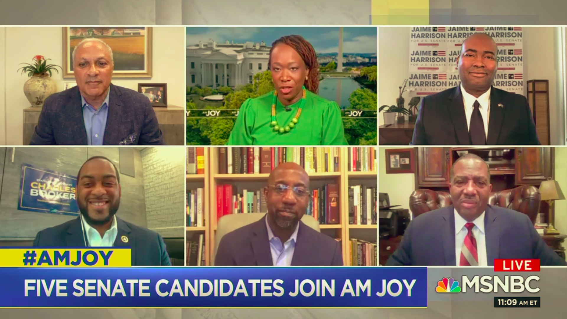 Clockwise from top left: Mike Espy, Joy-Ann Reid, Jaime Harrison, Royce West, Raphael Warnock, Charles Booker.