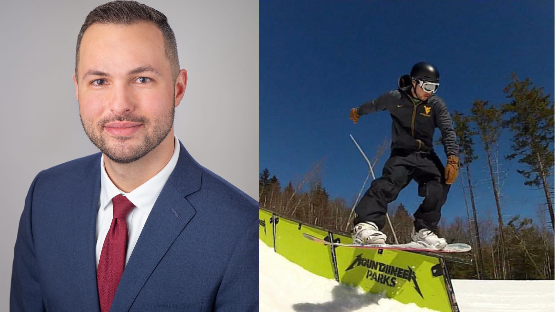 A headshot of a man in a suit on the left. On the right is a person snowboarding.