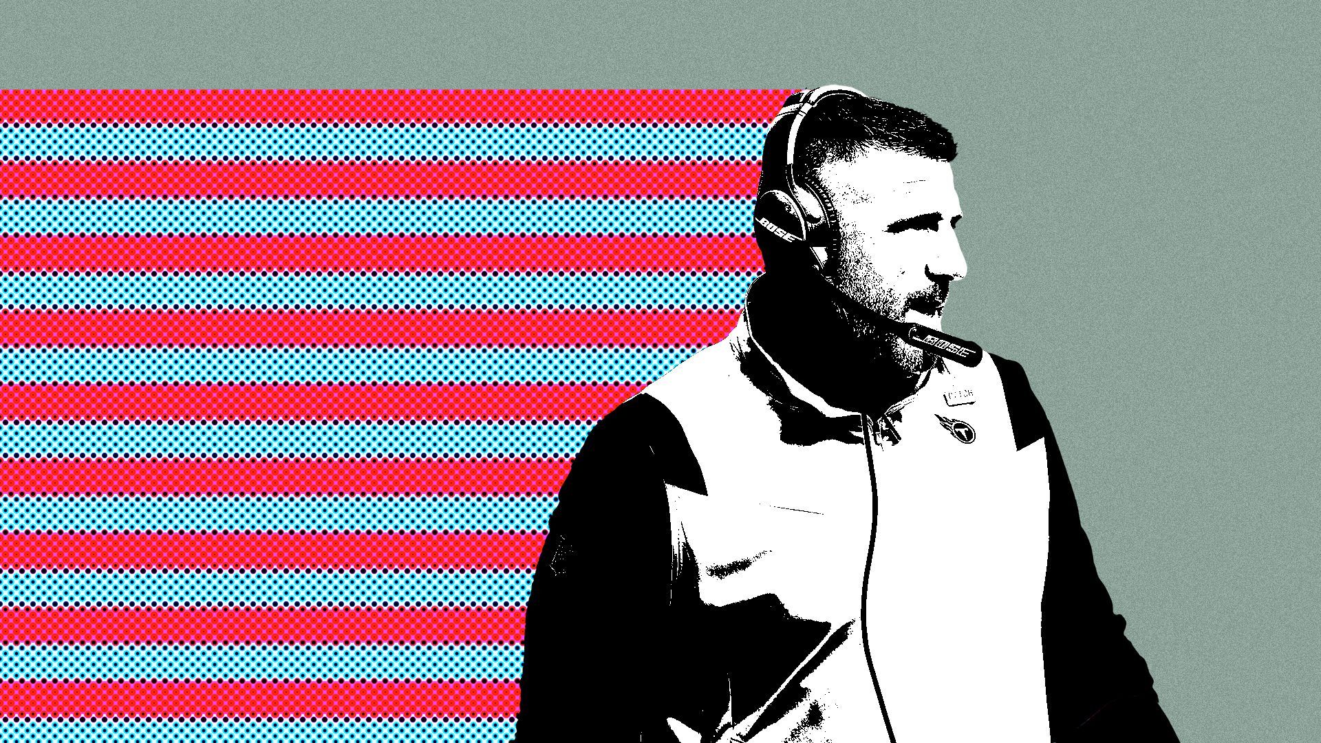 Photo illustration of Tennessee Titans coach Mike Vrabel with blue and white stripes trailing behind him.