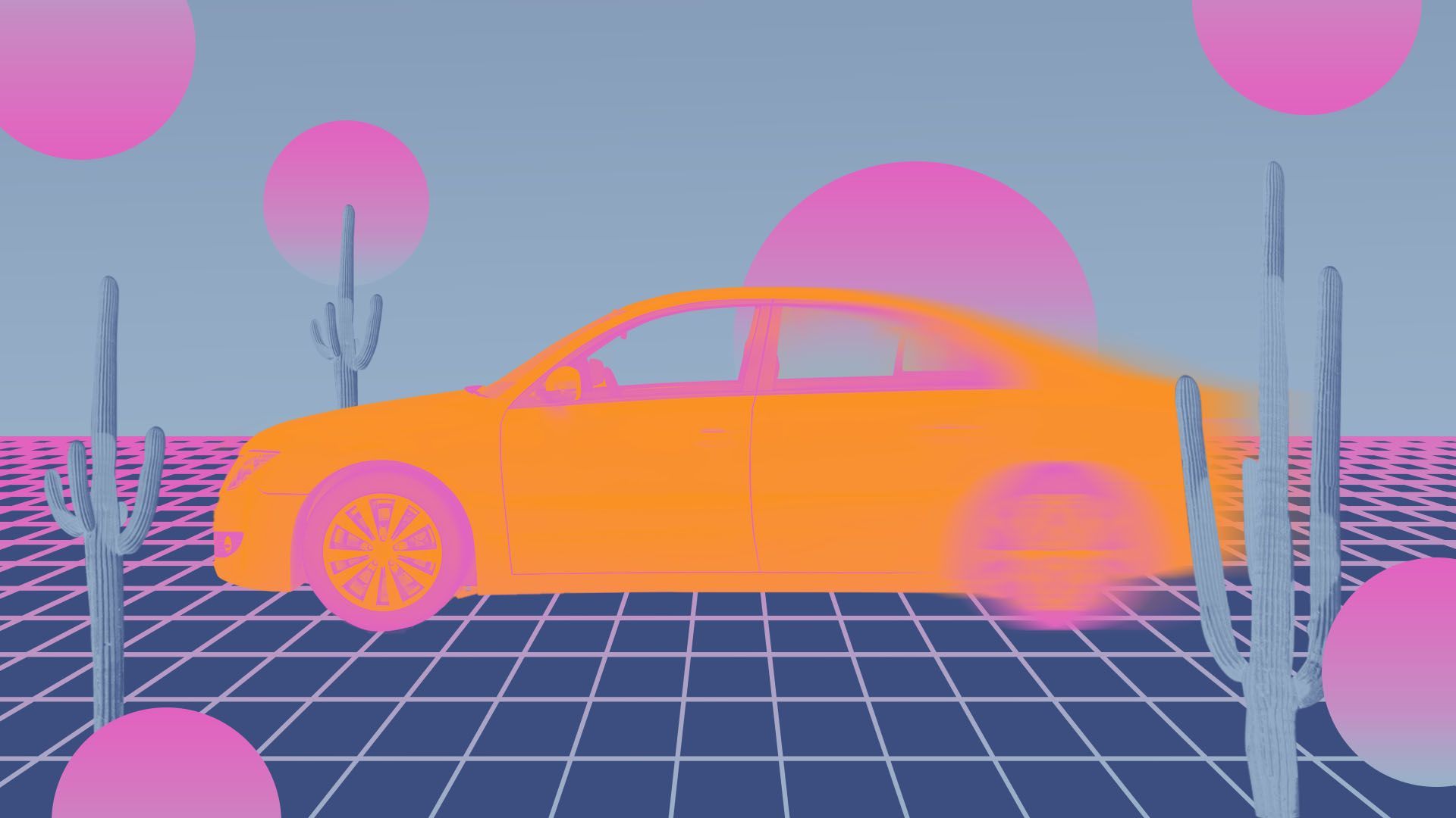 illustration of an orange moving car with no driver in front of cacti, wireframes and neon pink circles 