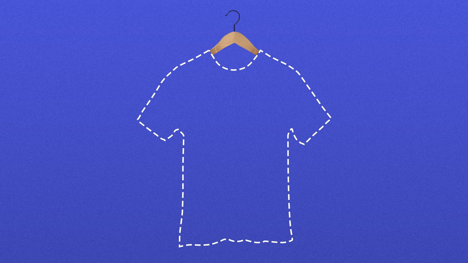 Illustration of a dotted outline of a t-shirt hanging on a clothes hanger.   