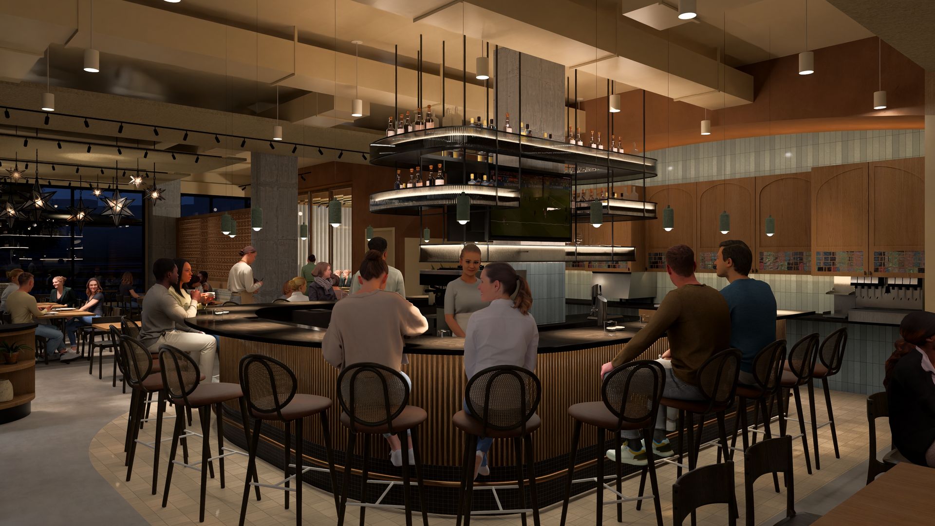 Modern open concept restaurant at night with a curved, multi-tier bottle display hanging over a circular bar. Patrons sit on stools; warm pendant lights, star chandeliers, wood and tiled walls.