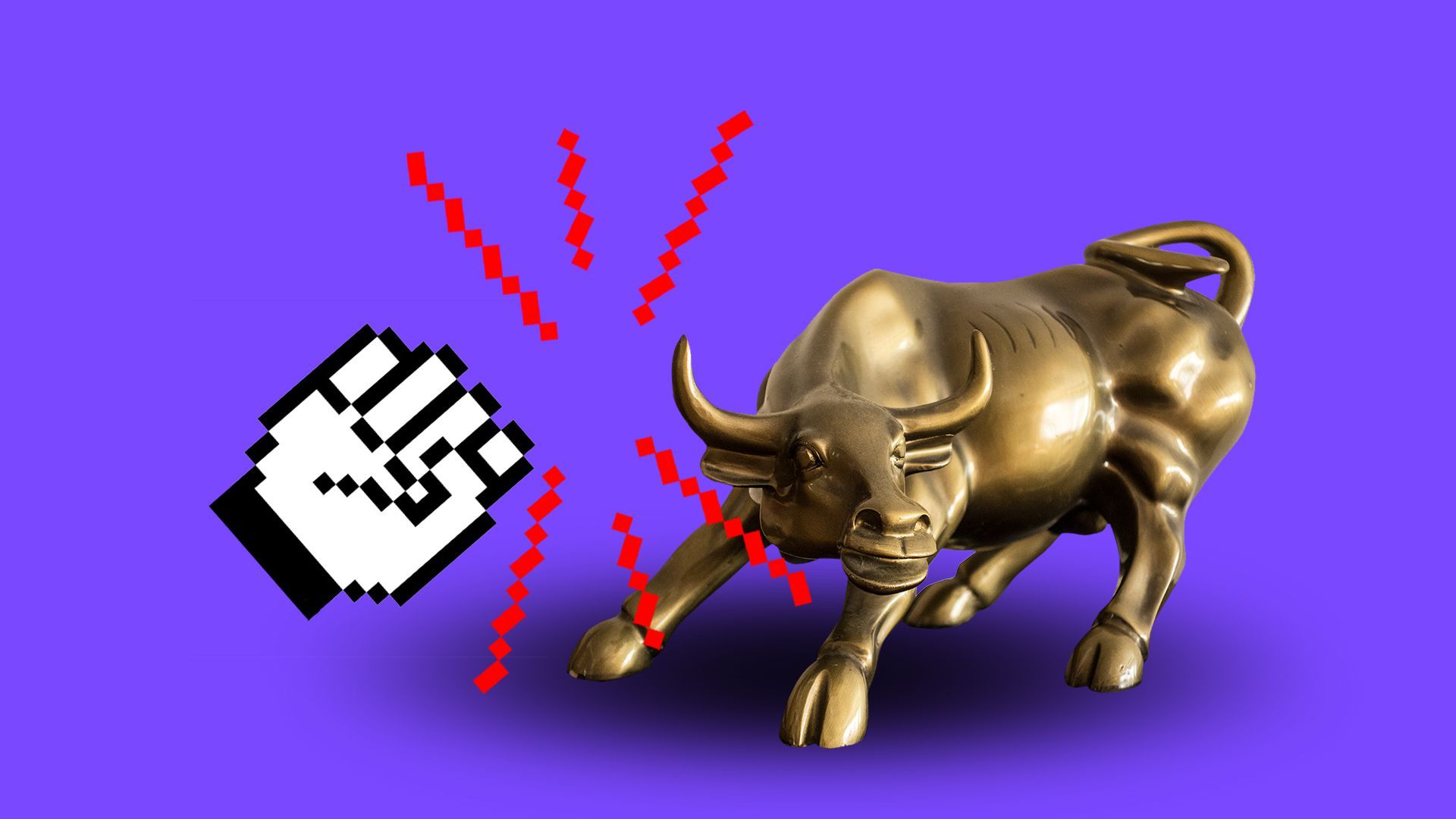 Illustration of a pixelated fist icon clashing with the Wall Street bull