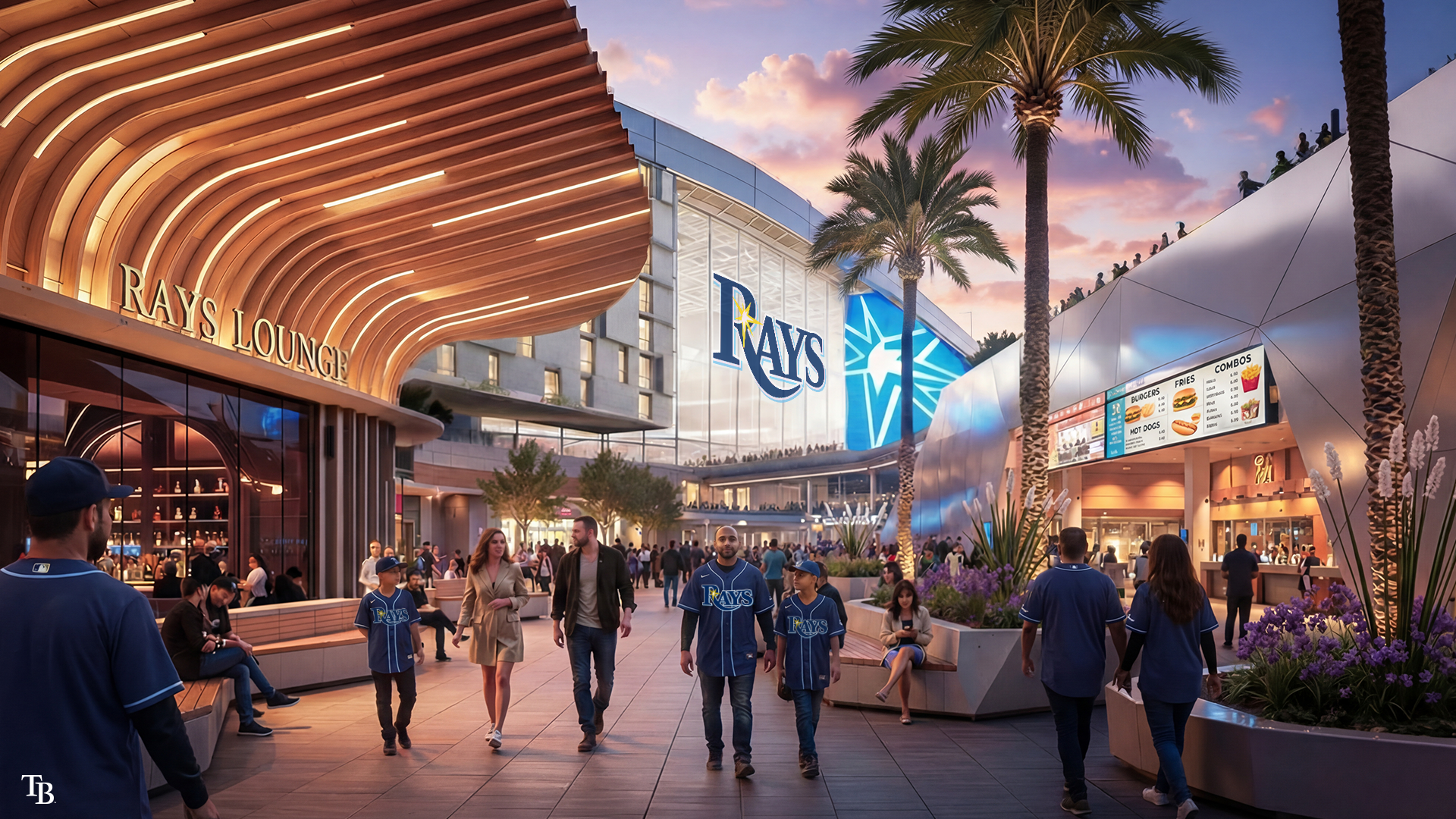 Crowded outdoor baseball stadium plaza at sunset with palm trees, fans in Rays jerseys, Rays Lounge with wooden canopy, and food stands displaying menu boards.