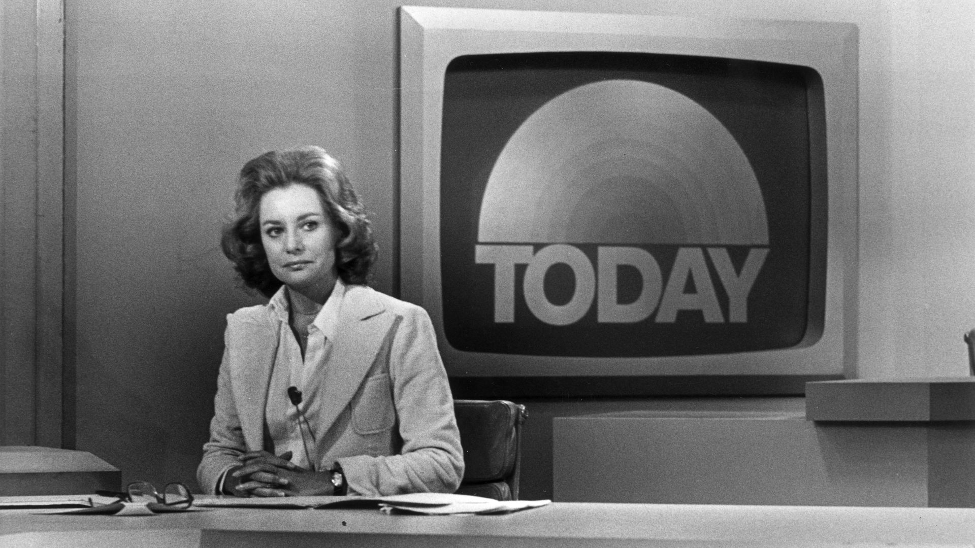 Promotional portrait of television journalist Barbara Walters on the set of the Today Show.