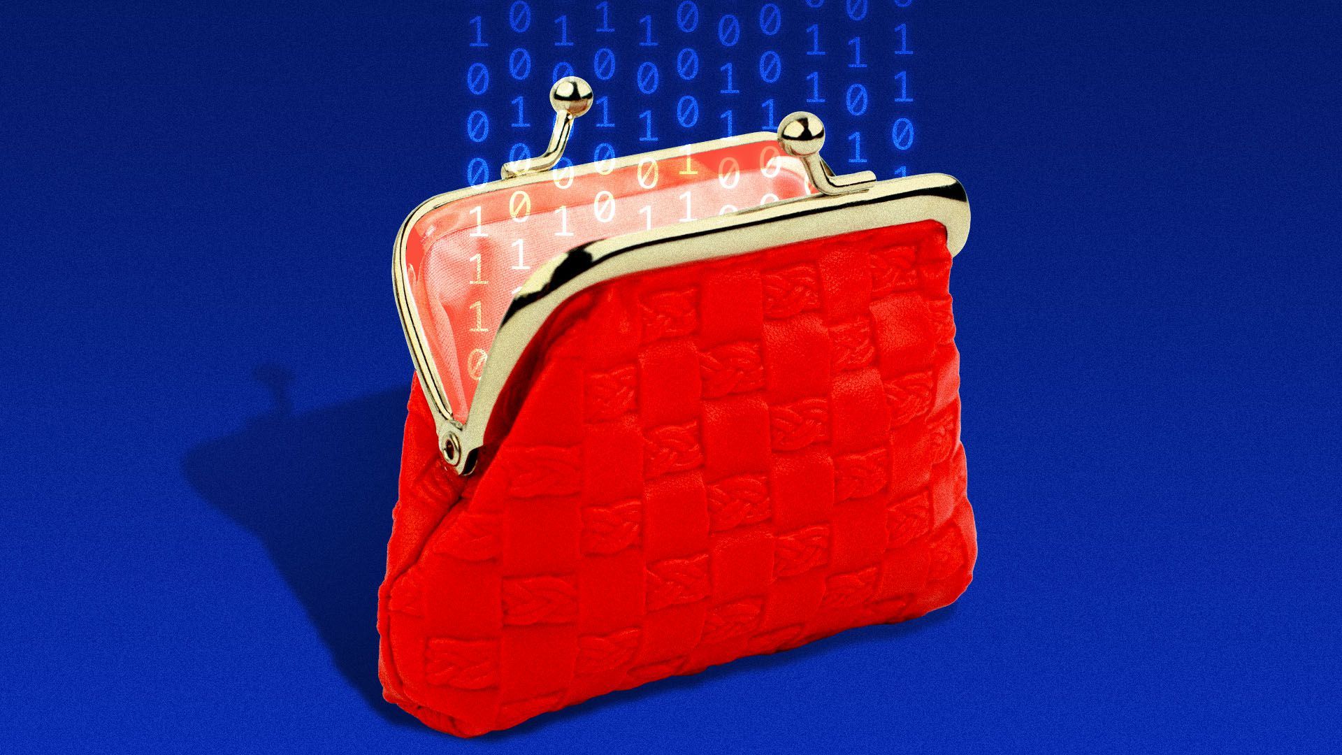 Illustration of binary code falling into a wallet