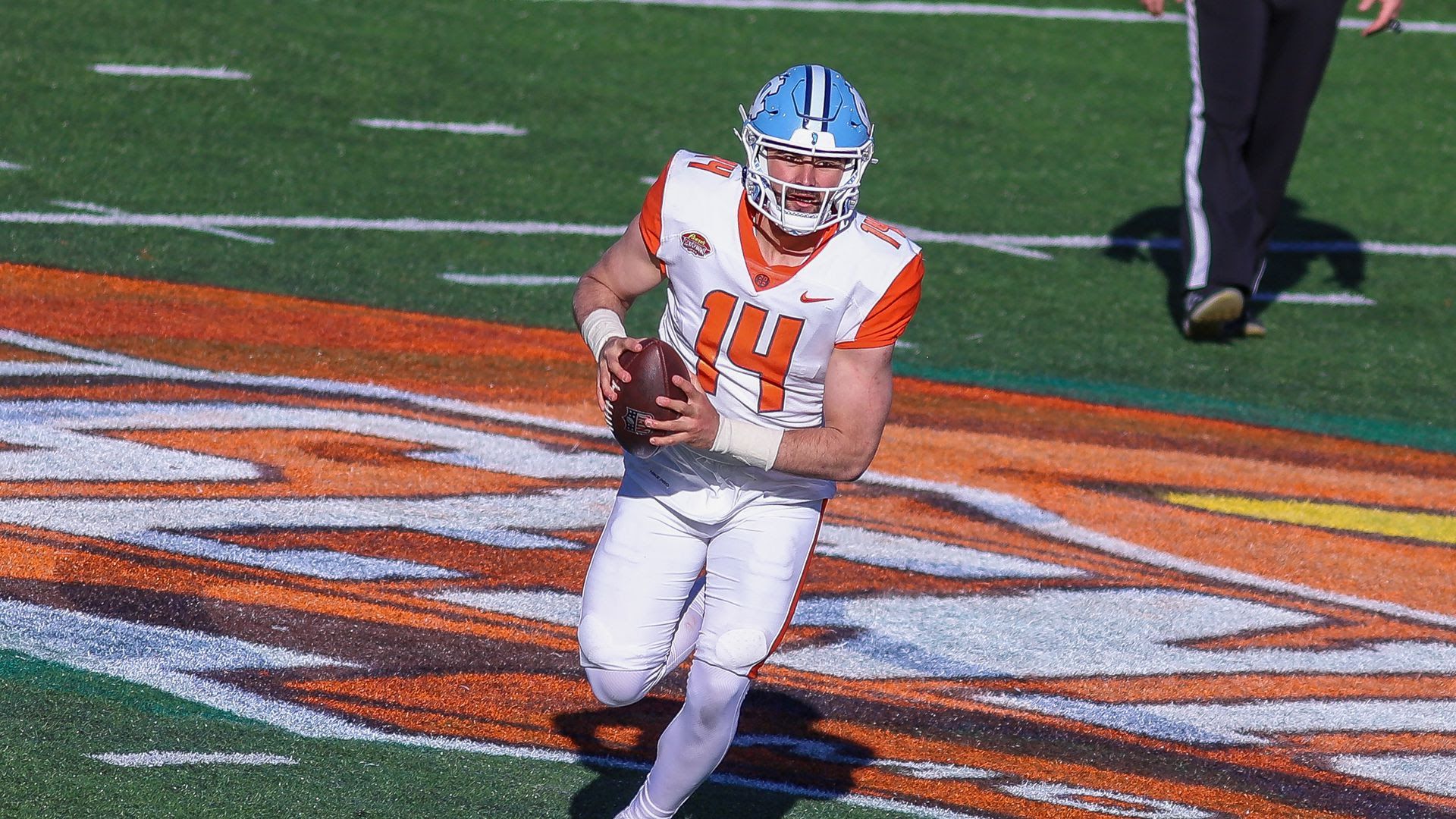 Former North Carolina quarterback Sam Howell at the Senior Bowl