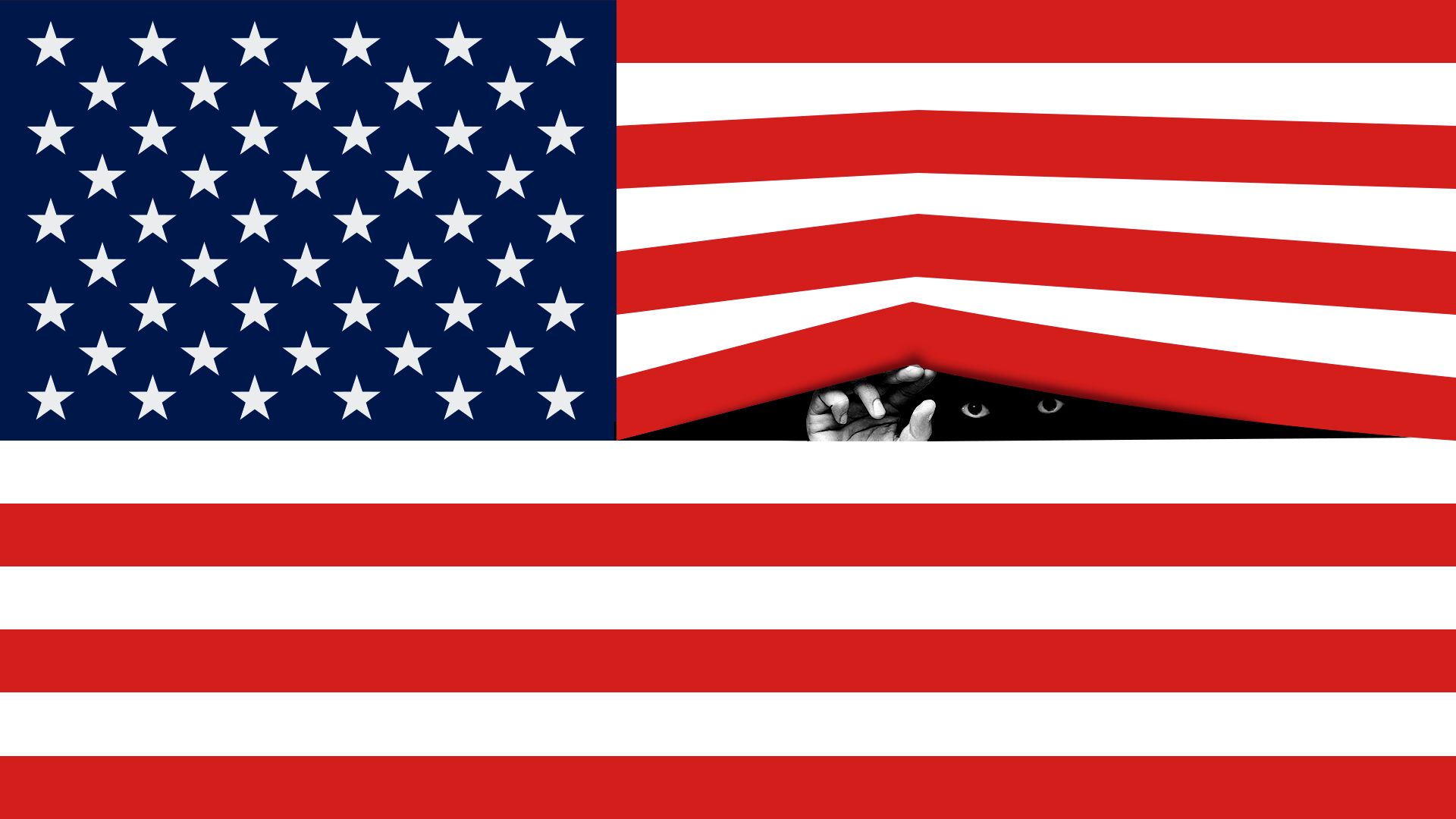 Illustration of the American flag with a hand reaching through as if the stripes were blinds, and a pair of eyes peeking through. 