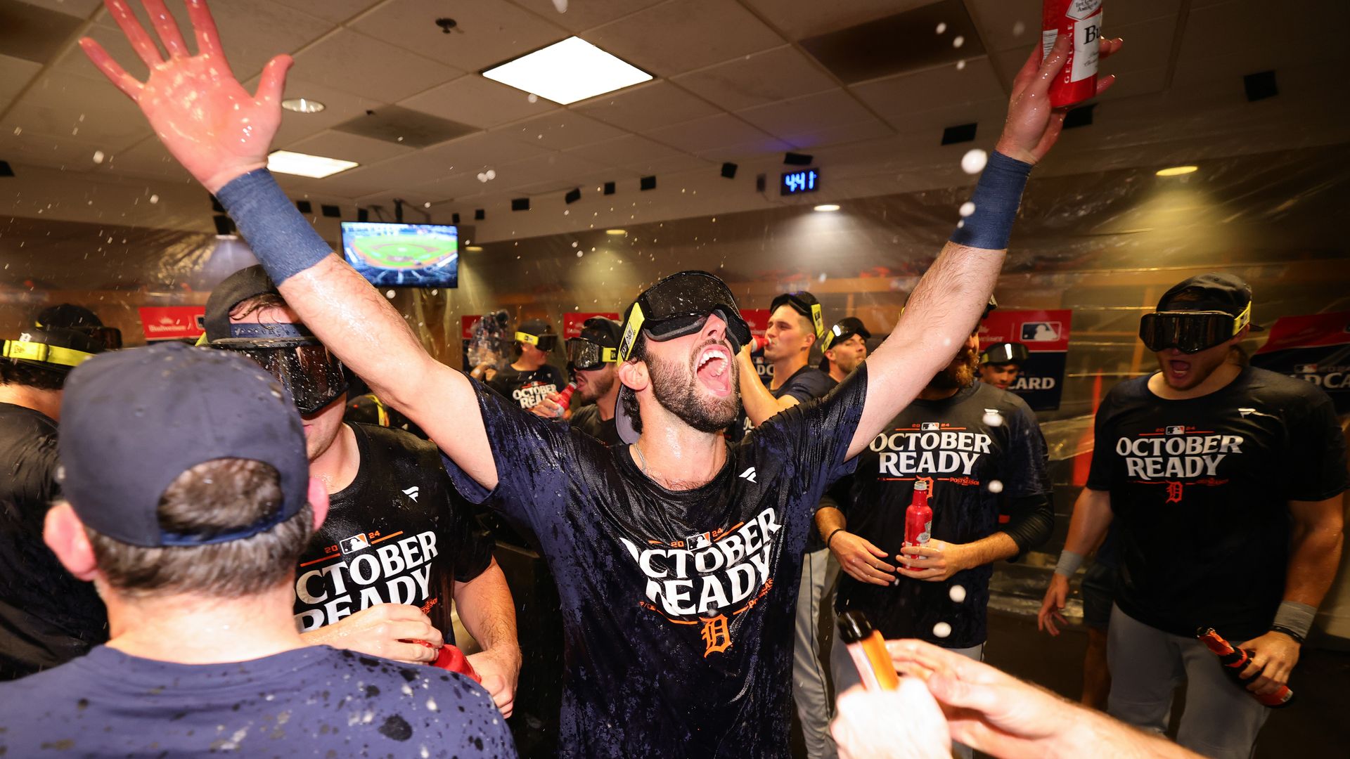 The Tigers' Matt Vierling celebrates beating Houston in the wild-card series on Wednesday.