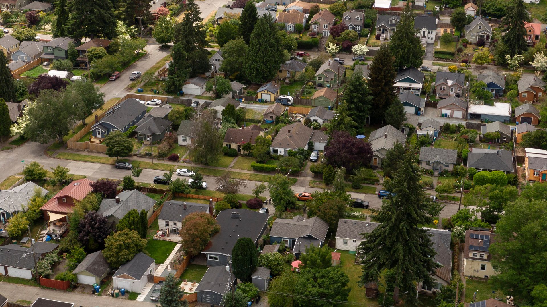 A bird's eye view of a neighborhood in West Seattle. 