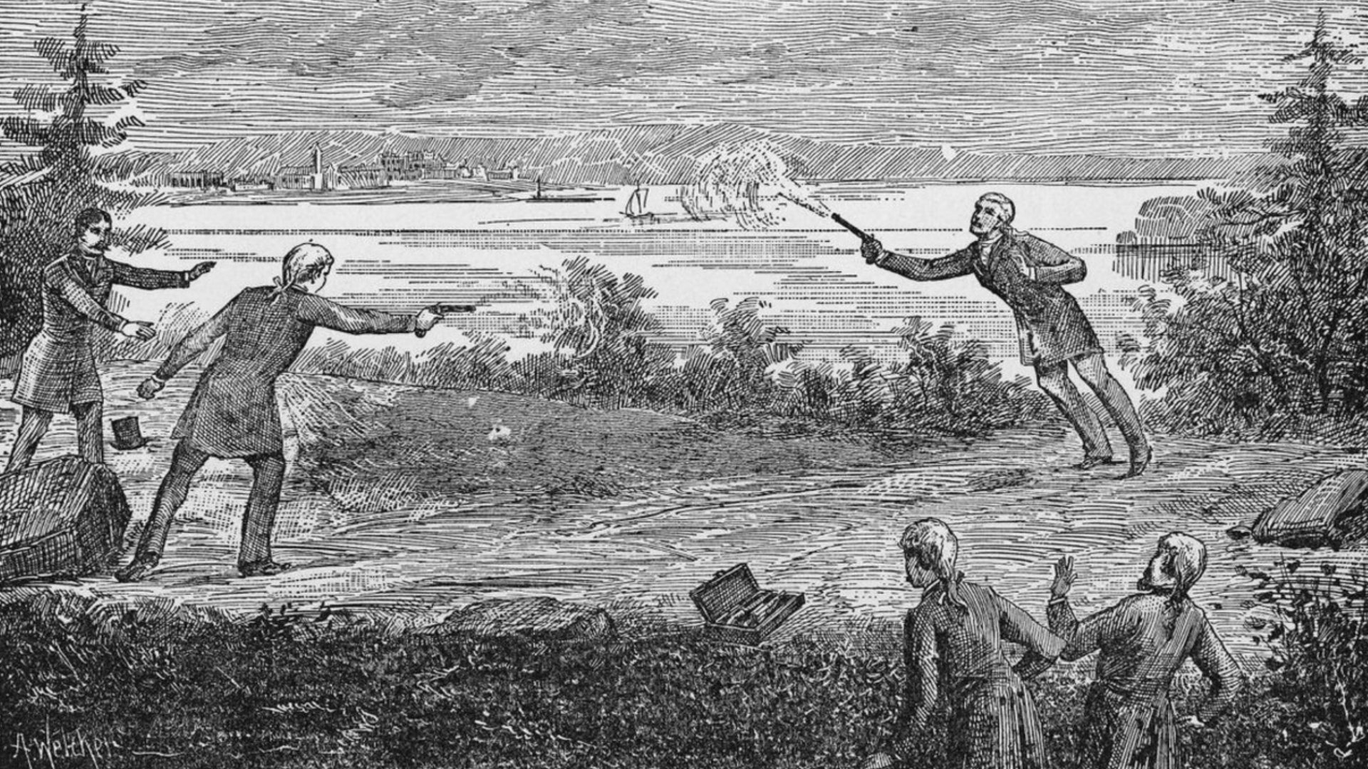Vice President Aaron Burr fatally wounds Alexander Hamilton during a pistol duel in Weehawken, N.J., on July 11, 1804.