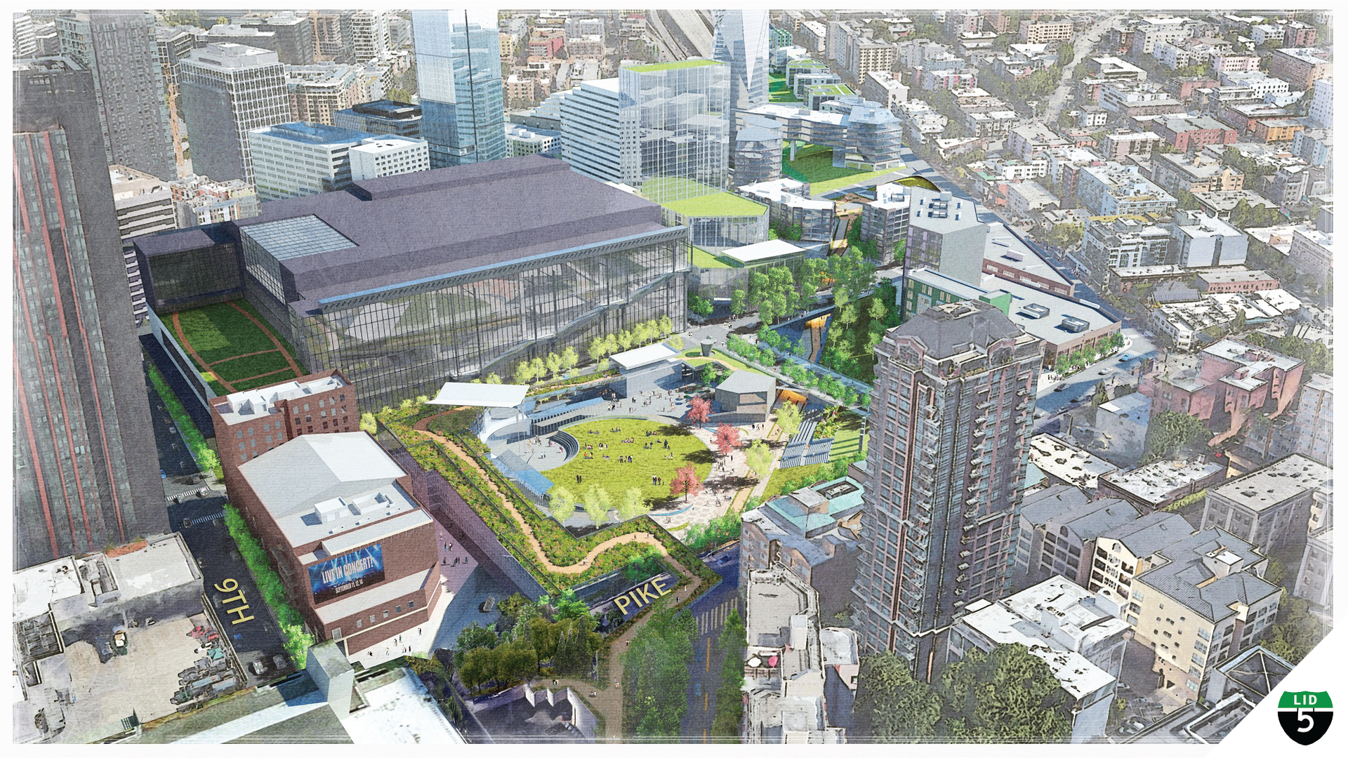 A view of downtown Seattle with a rendering of a green park space over interstate 5. 