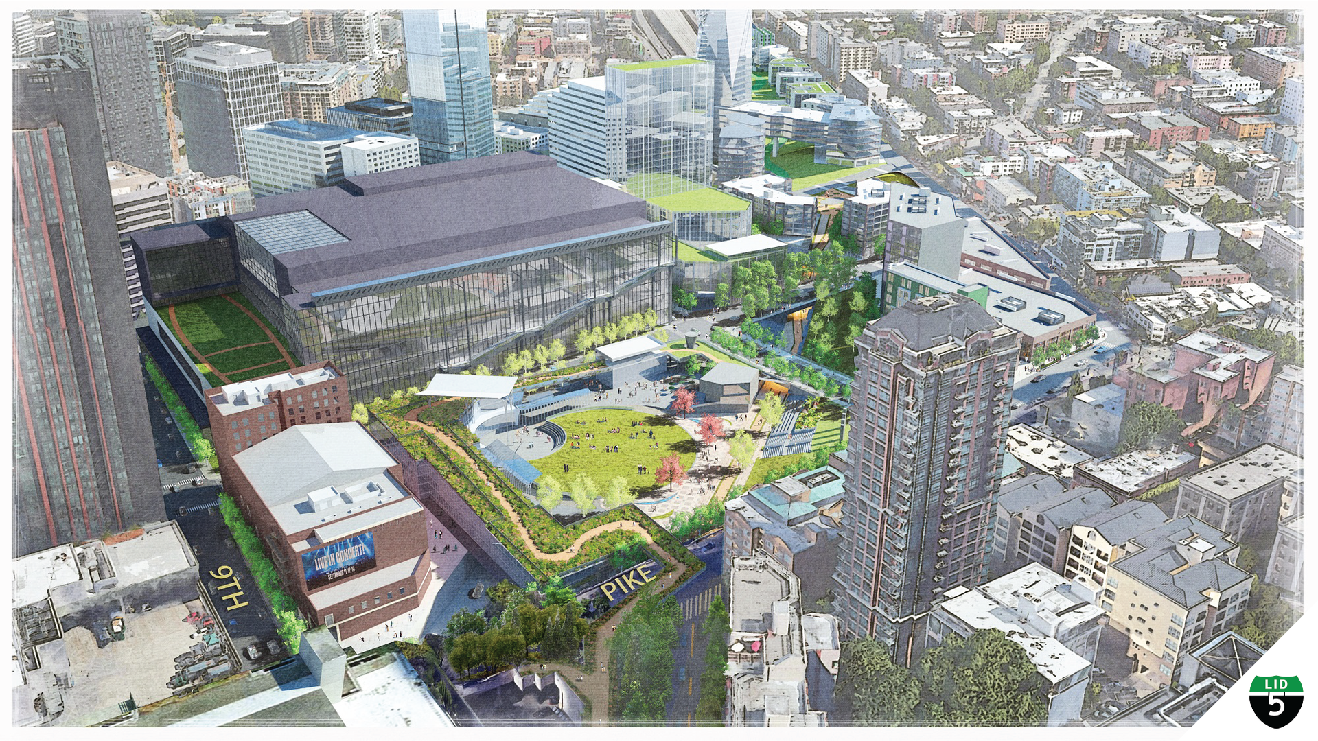 A view of downtown Seattle with a rendering of a green park space over interstate 5.