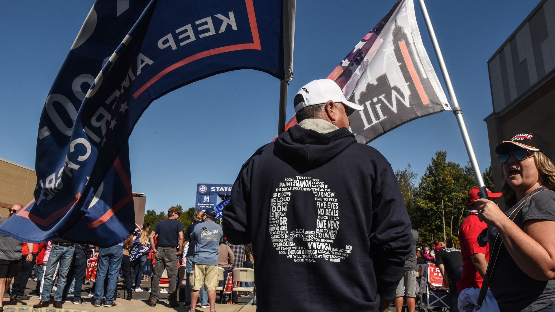 A person wearing a QAnon sweatshirt at a Trump rally in New York City on Oct. 3.