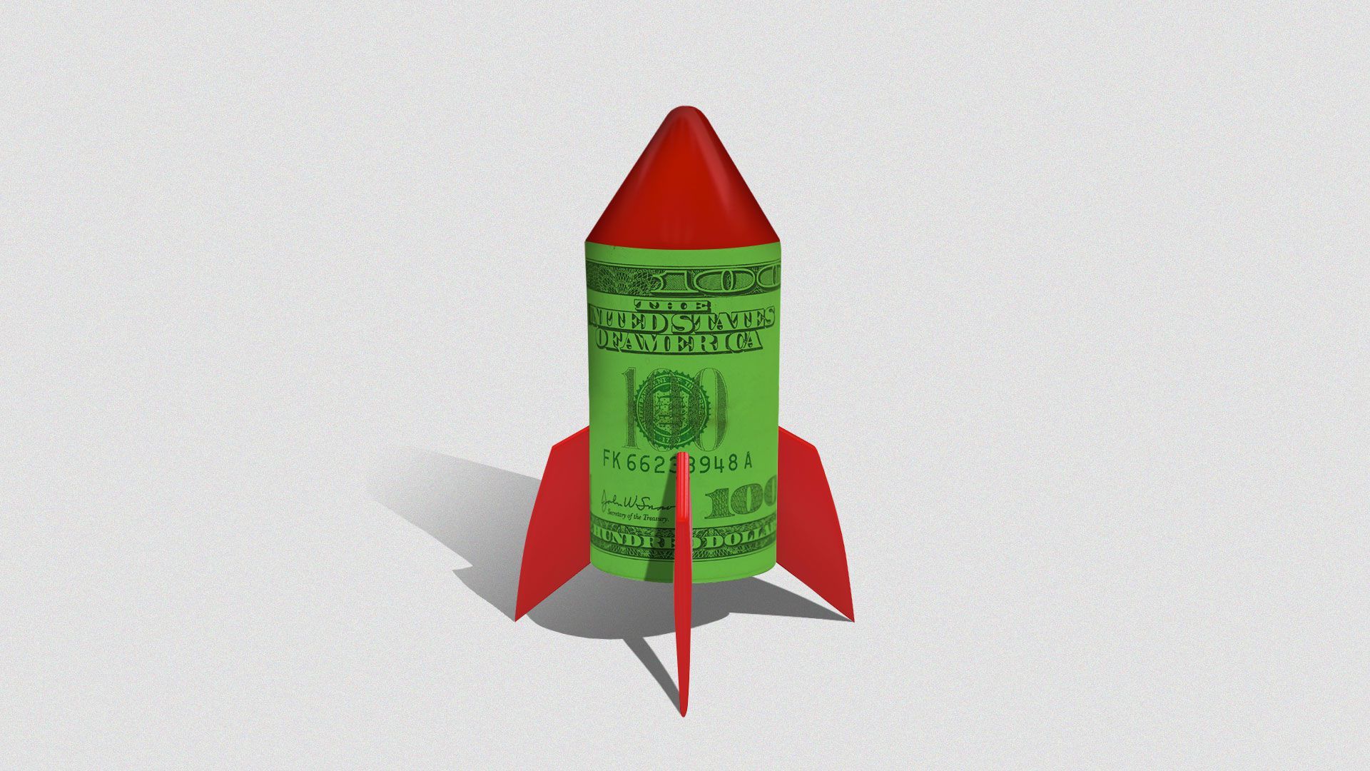 Illustration of a roll of money with a rocket top and fins. 