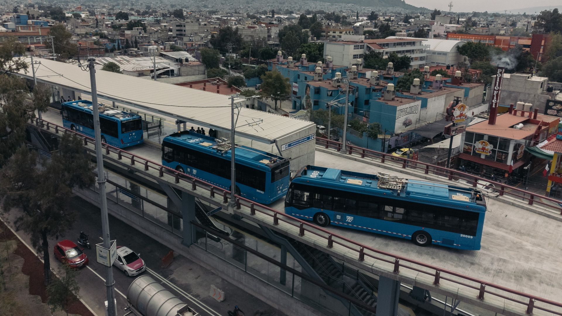 Elevated trolleybuses during an inauguration event for the system in Mexico City, Mexico, on Sunday, Sept. 11, 2022. 
