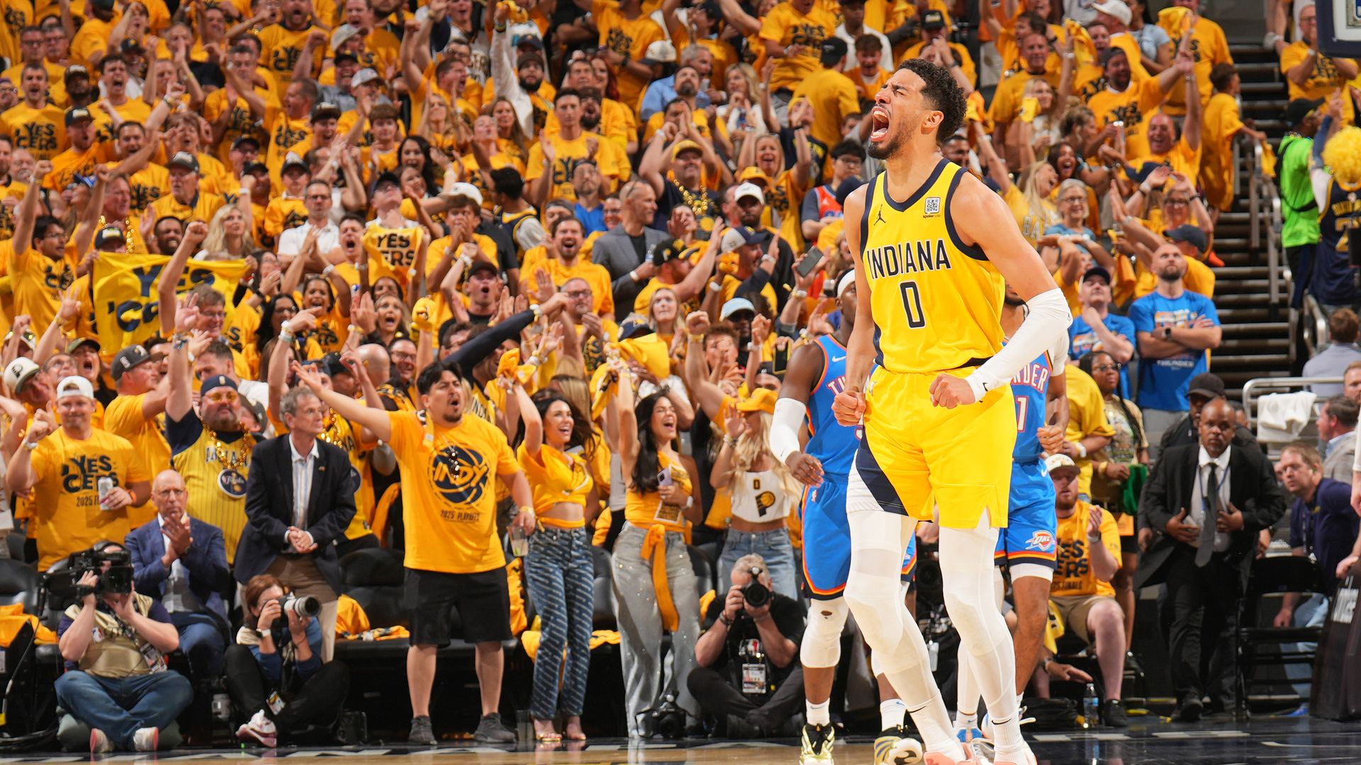Tyrese Haliburton #0 of the Indiana Pacers celebrates during the game against the Oklahoma City Thunder during Game Six of the 2025 NBA Finals on June 19, 2025 at Gainbridge Fieldhouse in Indianapolis, Indiana. 