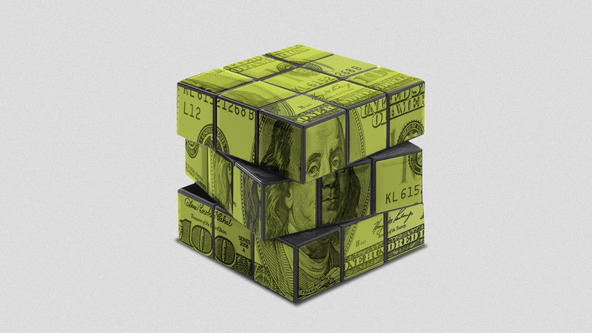 Illustration of a Rubik's cube made of money.