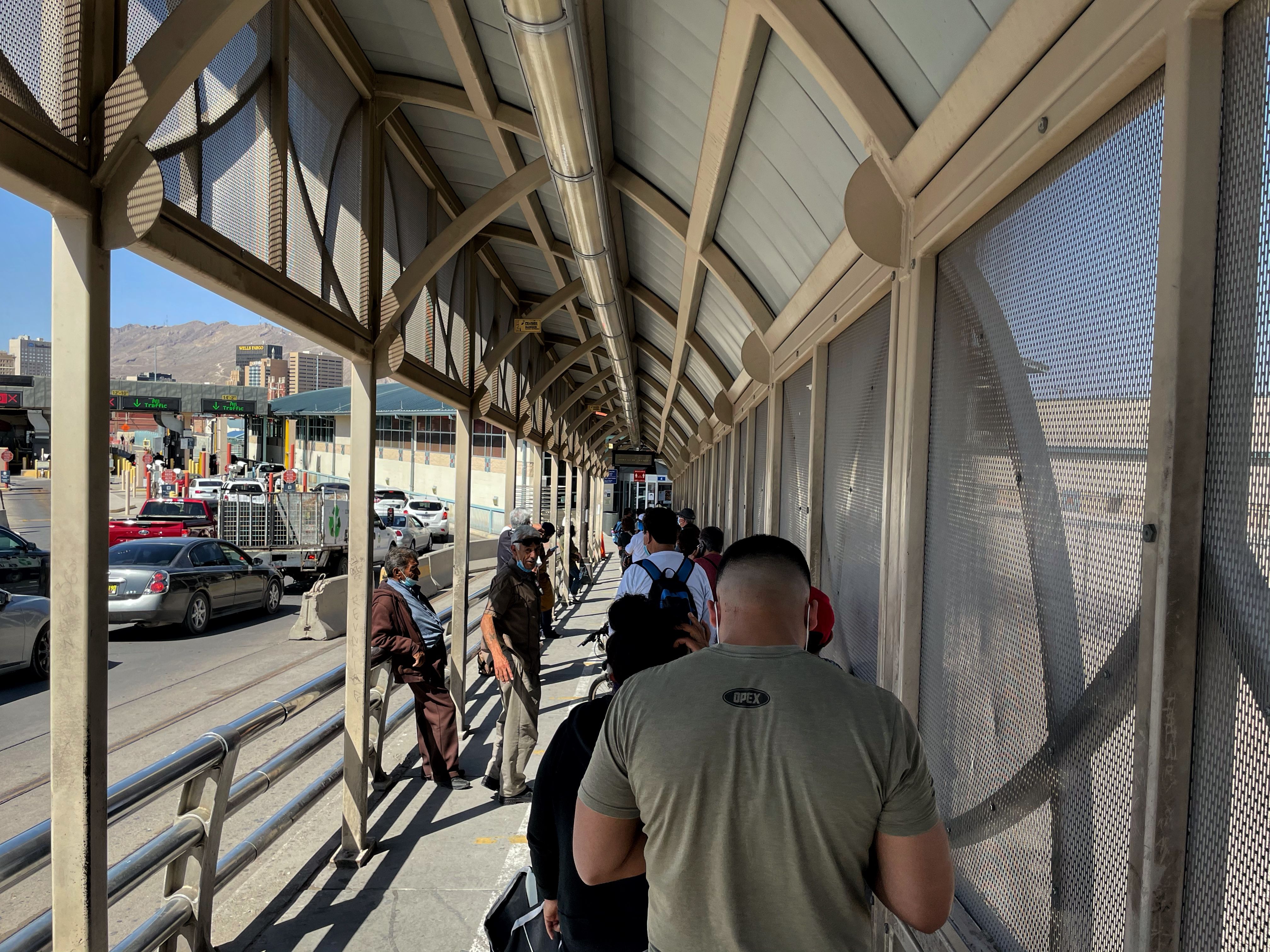 People wait in line nearly three hours on the Bridge of the Americas to leave Ciudad Juárez, Mexico, to enter El Paso, Texas..