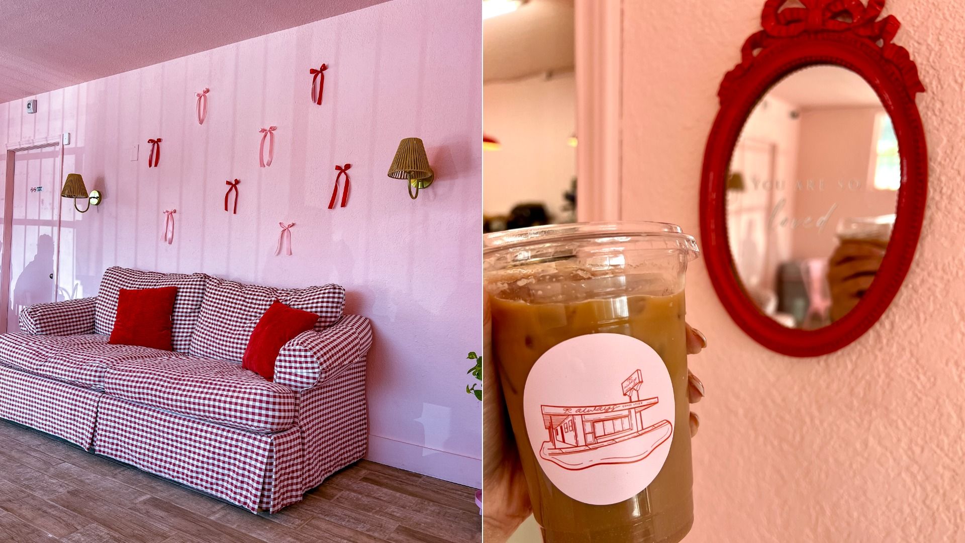 Left: Pink wall with red and pink bows, red-checked sofa with two red pillows, and two wall sconces. Right: Hand holding iced coffee with a red-framed mirror reflecting "You are so loved" text.