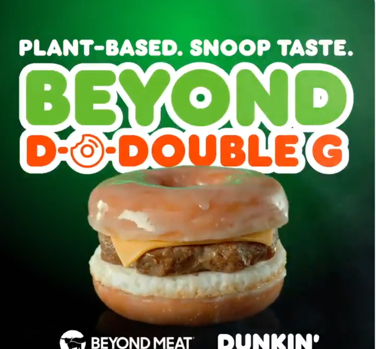 A screenshot of an ad for Beyond Meat's Beyond D-O-Double-G sandwich.
