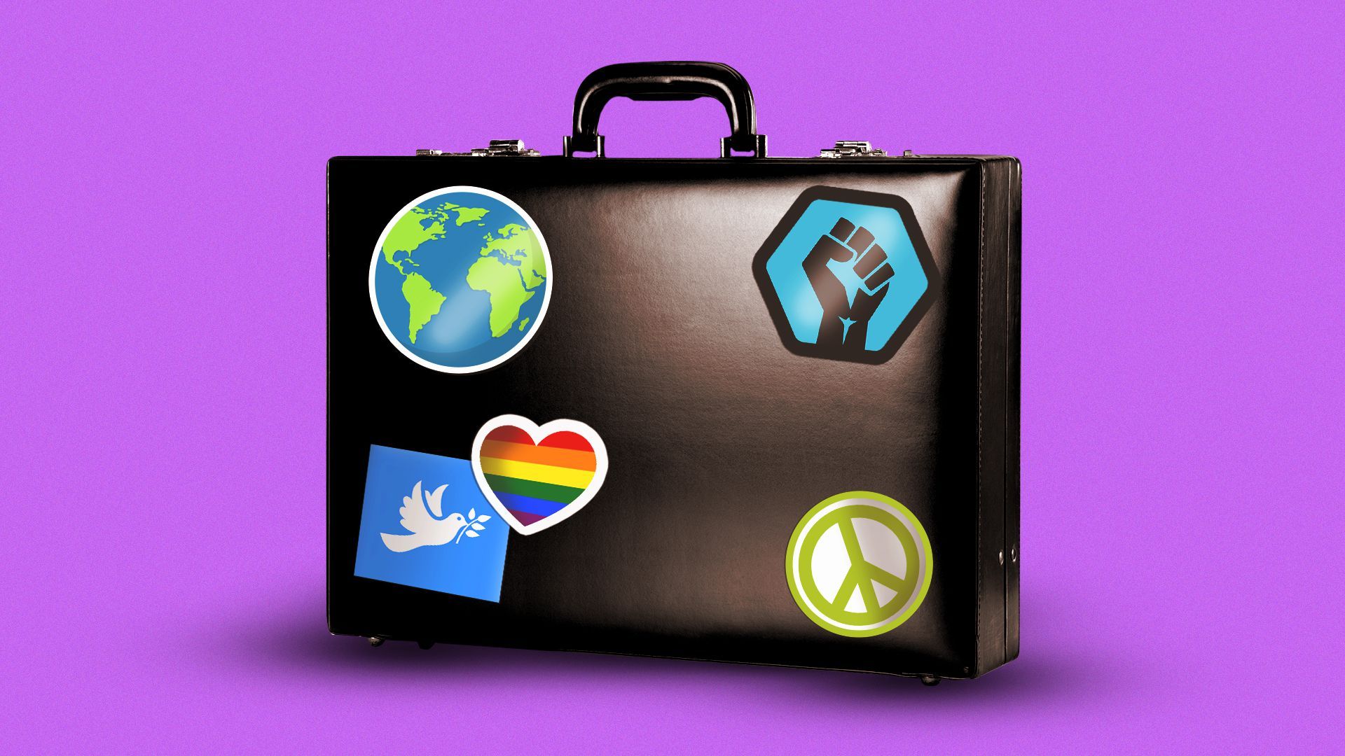 Illustration of a briefcase covered in peace, racial justice, pride and earth stickers. 