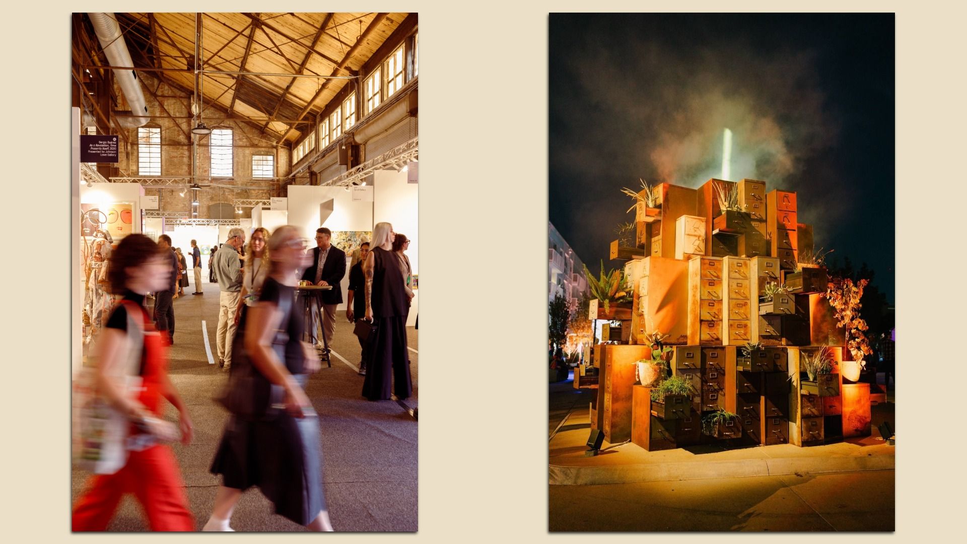Left: Indoor art fair with people walking and standing under a high wooden ceiling. Right: Outdoor nighttime art installation of stacked rusty filing cabinets with plants and glowing light on top.