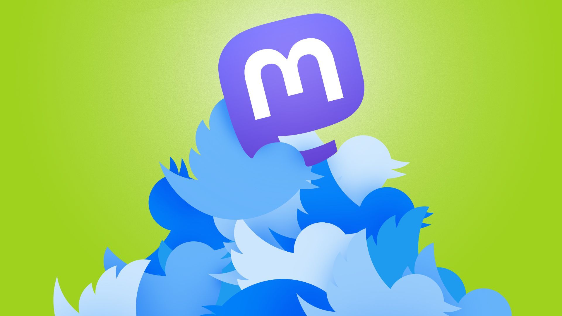 Illustration of a pile of Twitter logos with a Mastodon logo sitting on top. 