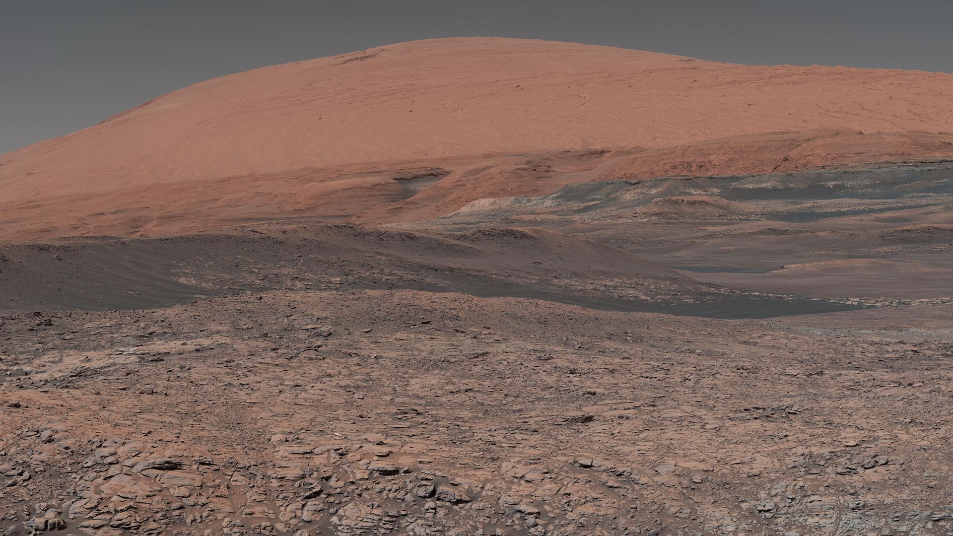 A mosaic image of Mars' Mount Sharp, taken by the Mars Curiosity rover in January 2018. 