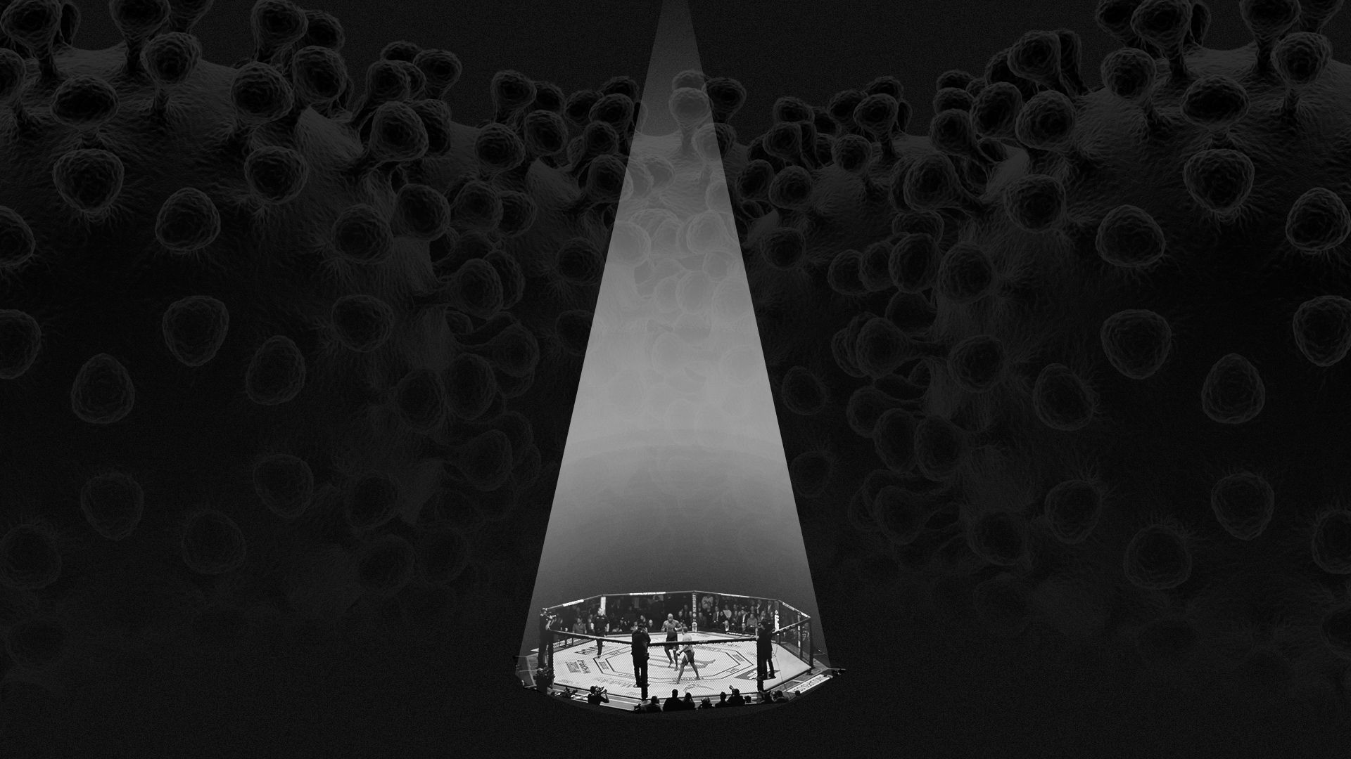 Illustration of a small UFC ring surrounded by giant virus cells