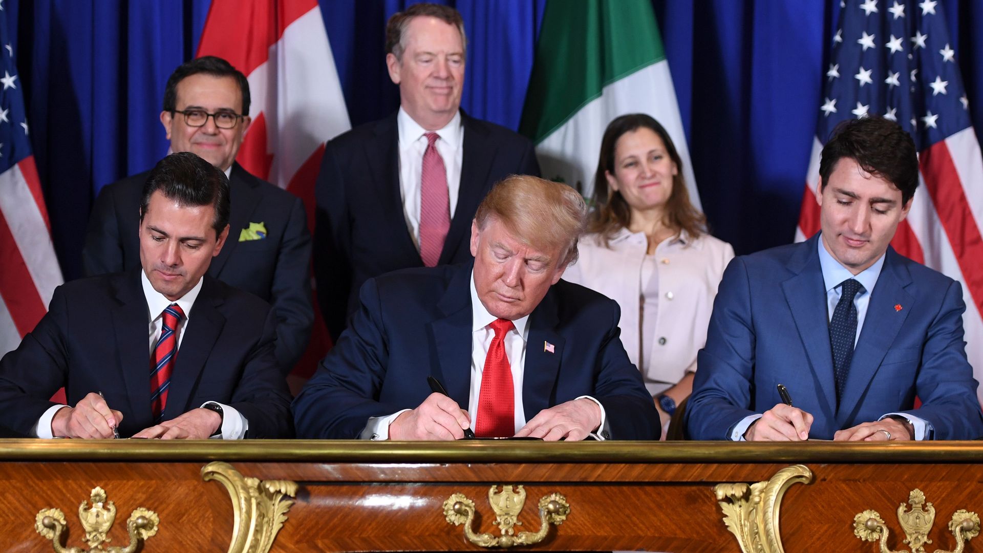 Mexico's President Enrique Pena Nieto US President Donald Trump and Canadian Prime Minister Justin Trudeau signing a trade deal