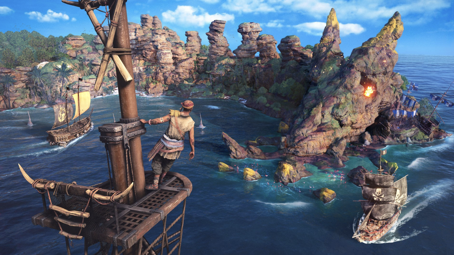 Video game screenshot of a pirate in a crow's nest looking down at an island and another pirate ship