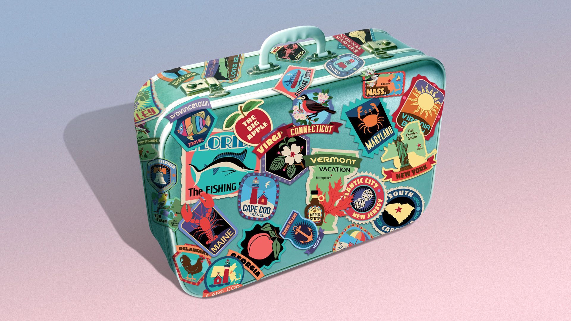 Illustration of a suitcase covered in stickers from different states