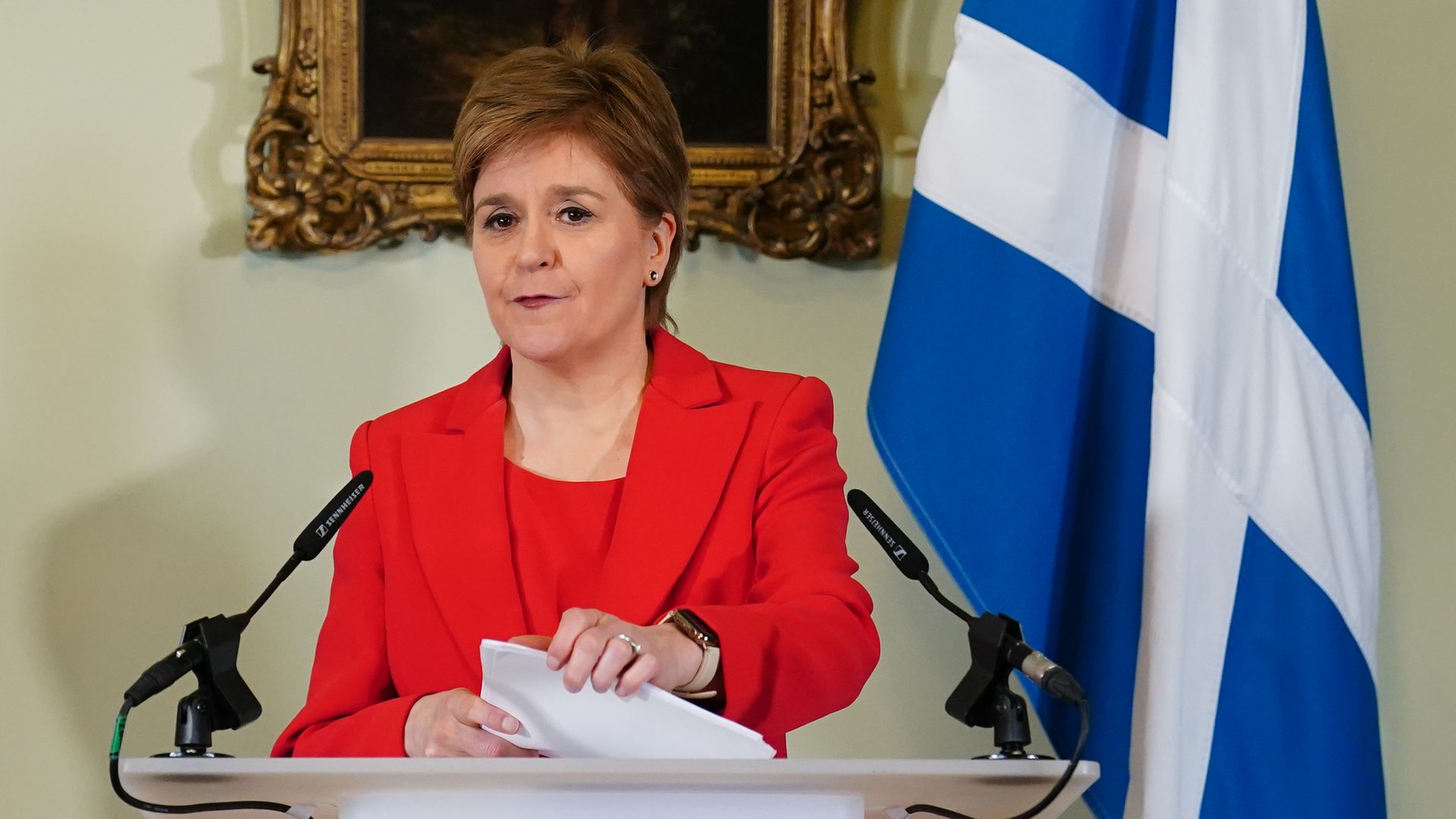 Nicola Sturgeon speaking during a press conference at Bute House in Edinburgh