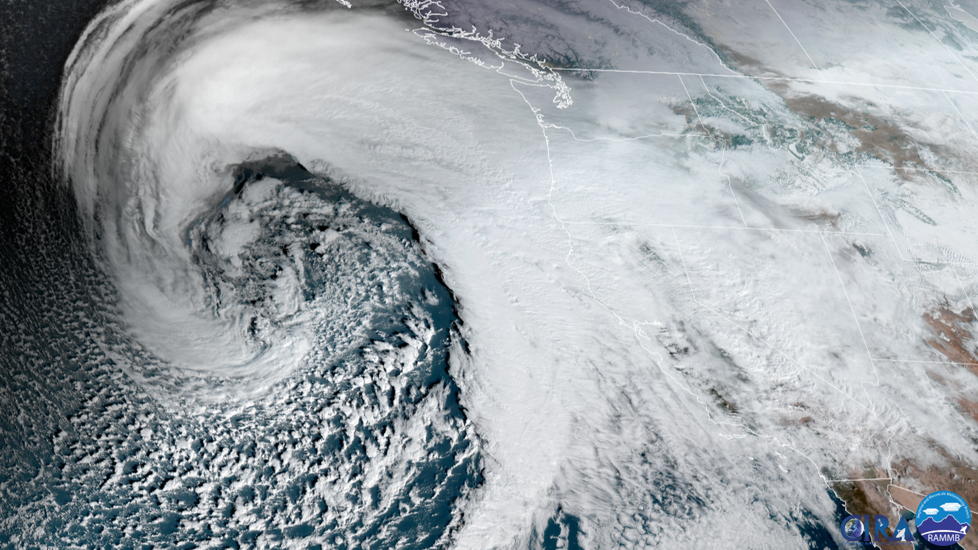 Satellite view of the atmospheric river storm approaching California on Jan. 4. 