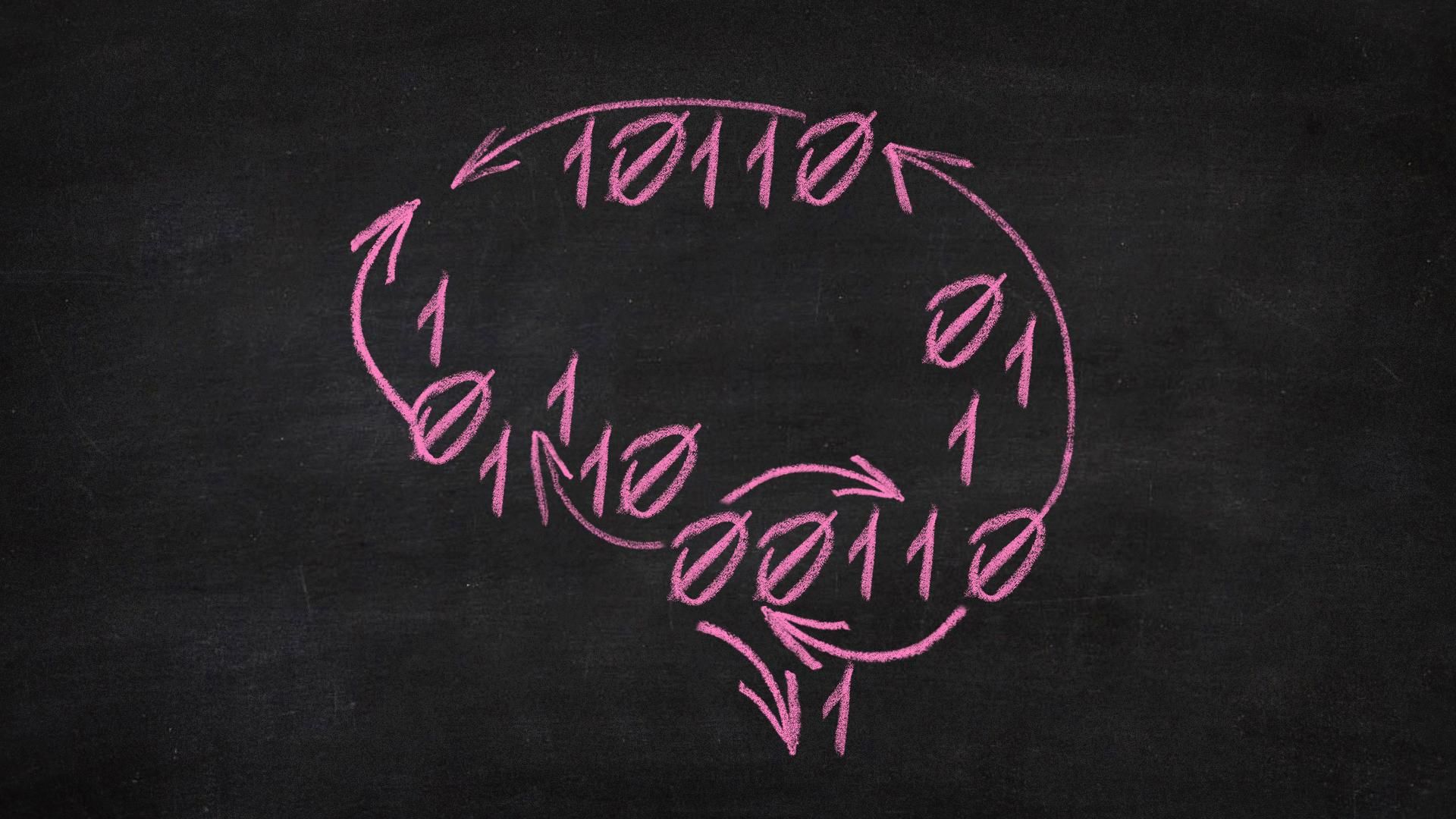 Illustration of a chalk drawing of a brain on a blackboard, made up of binary code and arrows, like sports gameplay strategies.