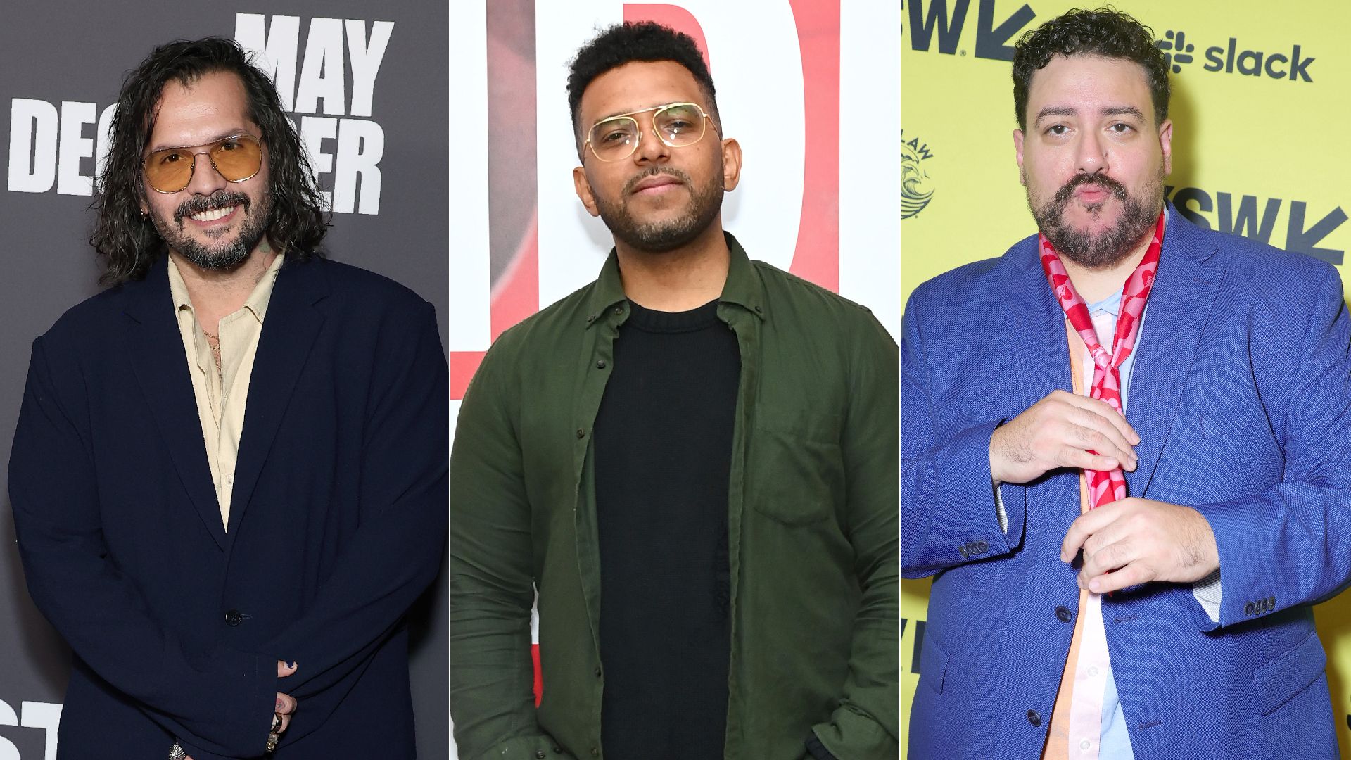 three different photos of Puerto Rican directors are side by side. From left, Angel Manuel Soto poses with his hands in front of him. Aristotle Torres is in a green jacket. Kristian Mercado holds his red tie.  