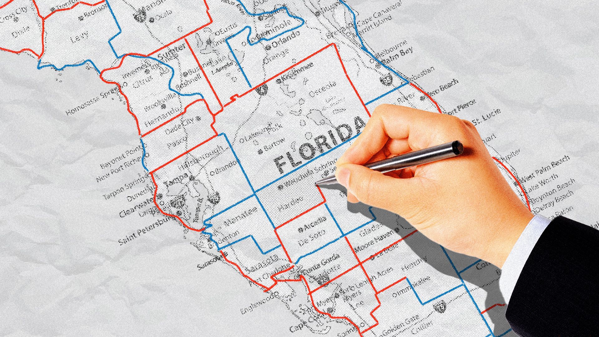 Illustration of a hand drawing blue and red lines on a map of Florida. 