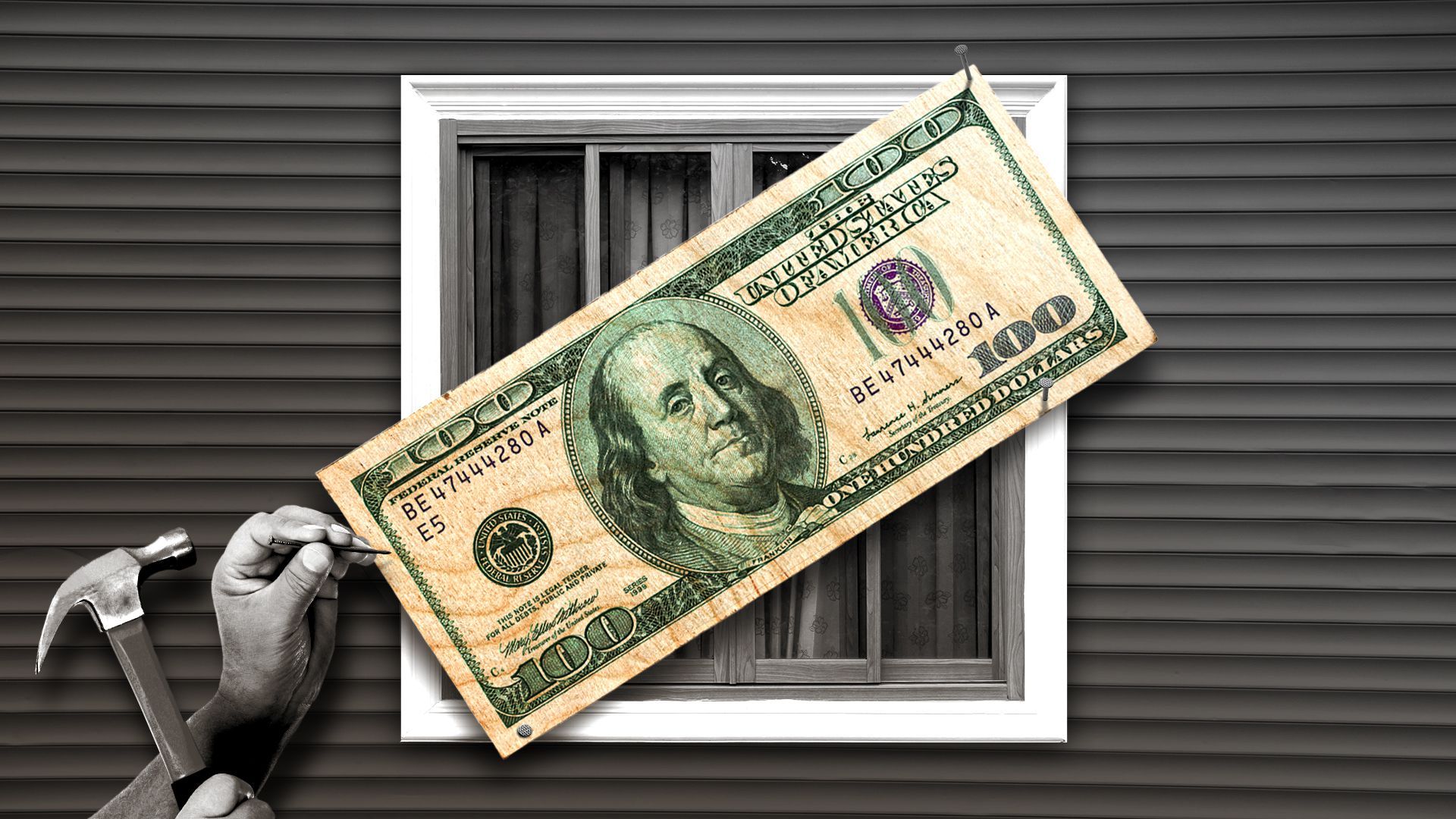 Illustration of a hand hammering a board decorated with a one hundred dollar bill over a home window