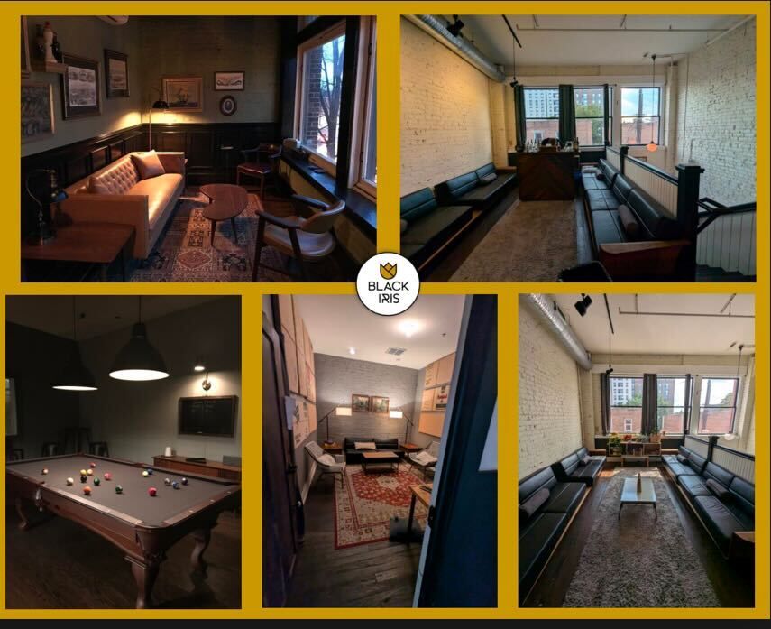a bunch of pictures put together in a collage that look like a play space with couches and pool tables 
