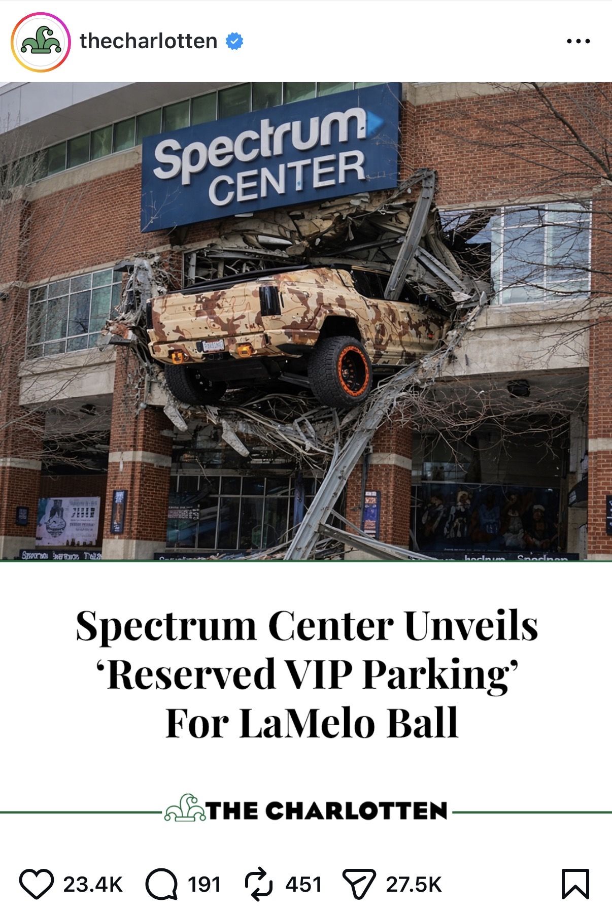 Instagram post with headline that reads: "Spectrum Center unveils reservered VIP parking for LaMelo Ball" 